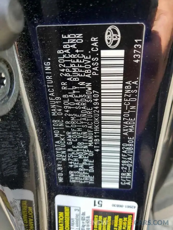 13 Фотография поврежденного автомобиля 4T1B11HK0KU249407 TOYOTA CAMRY 2019