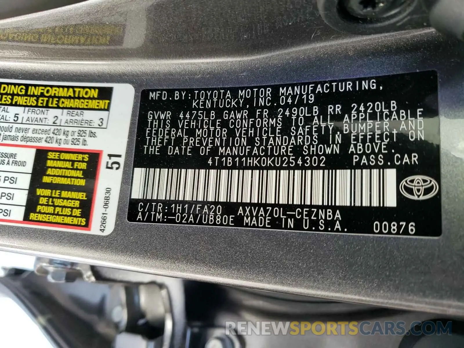 10 Photograph of a damaged car 4T1B11HK0KU254302 TOYOTA CAMRY 2019