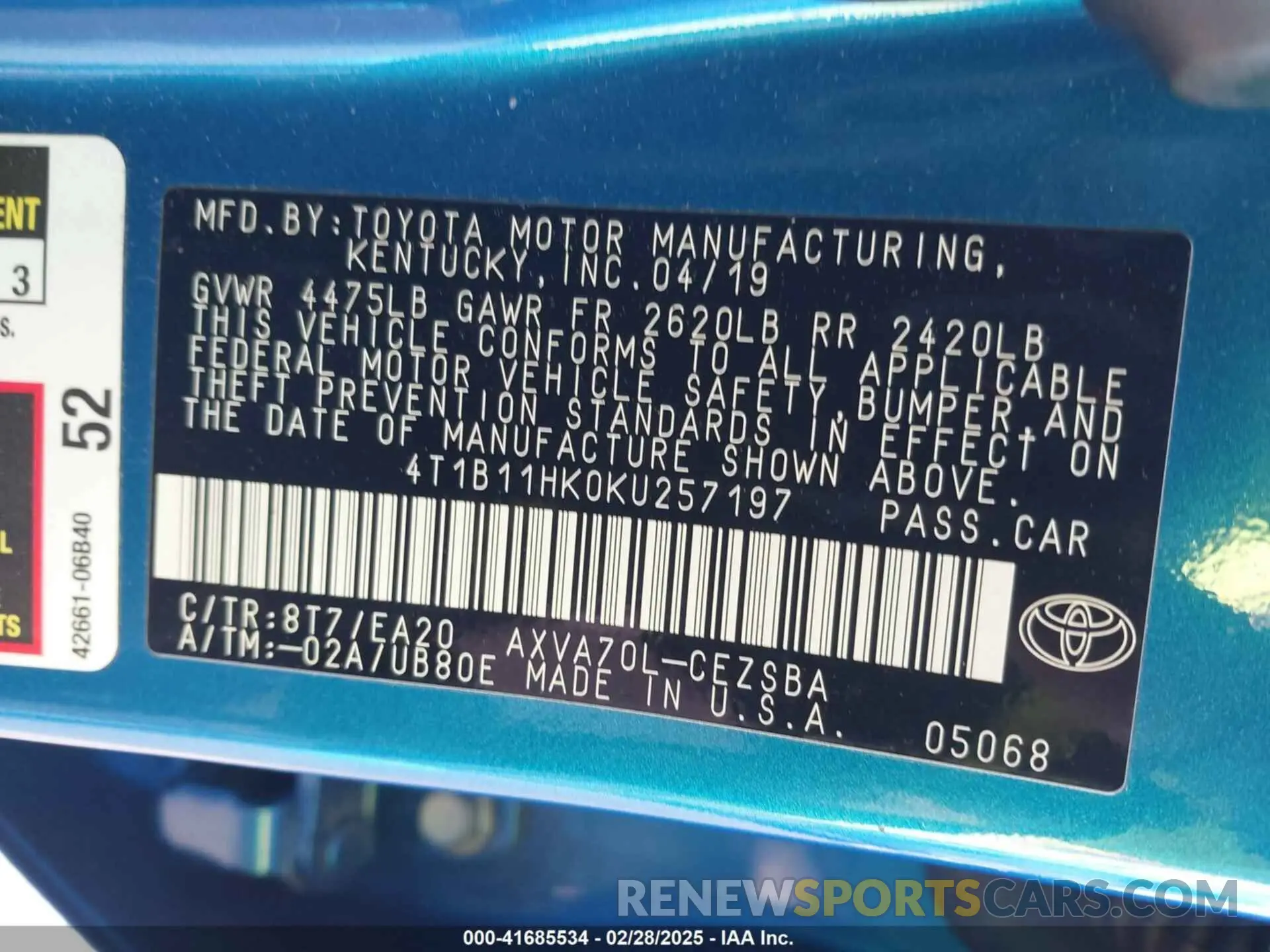 9 Фотография поврежденного автомобиля 4T1B11HK0KU257197 TOYOTA CAMRY 2019