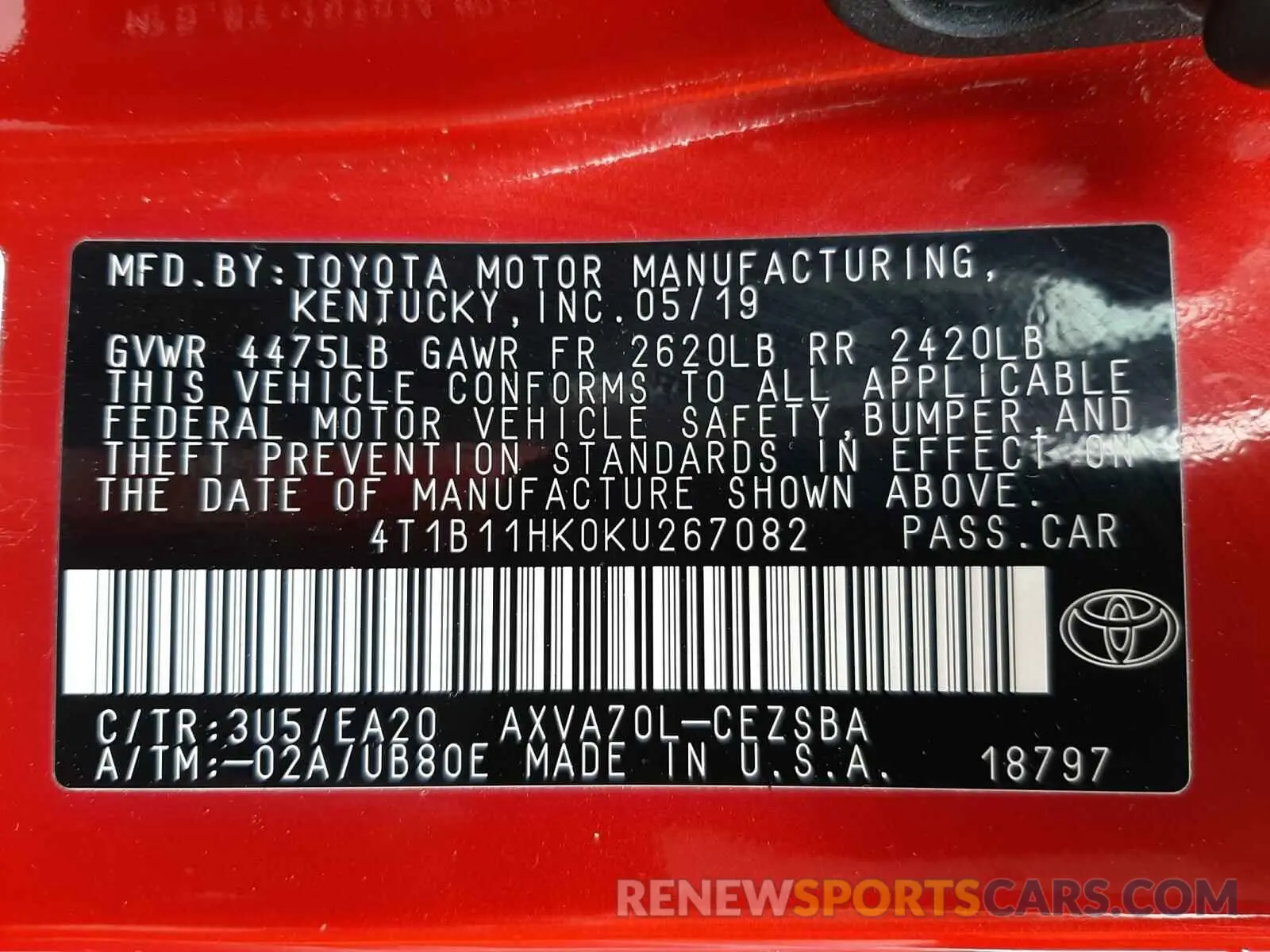 10 Photograph of a damaged car 4T1B11HK0KU267082 TOYOTA CAMRY 2019
