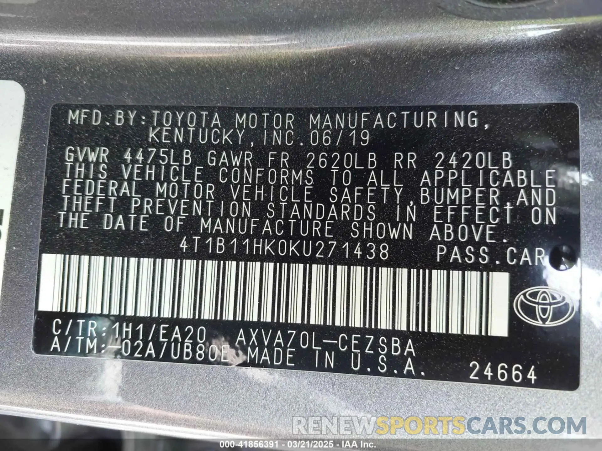 9 Photograph of a damaged car 4T1B11HK0KU271438 TOYOTA CAMRY 2019