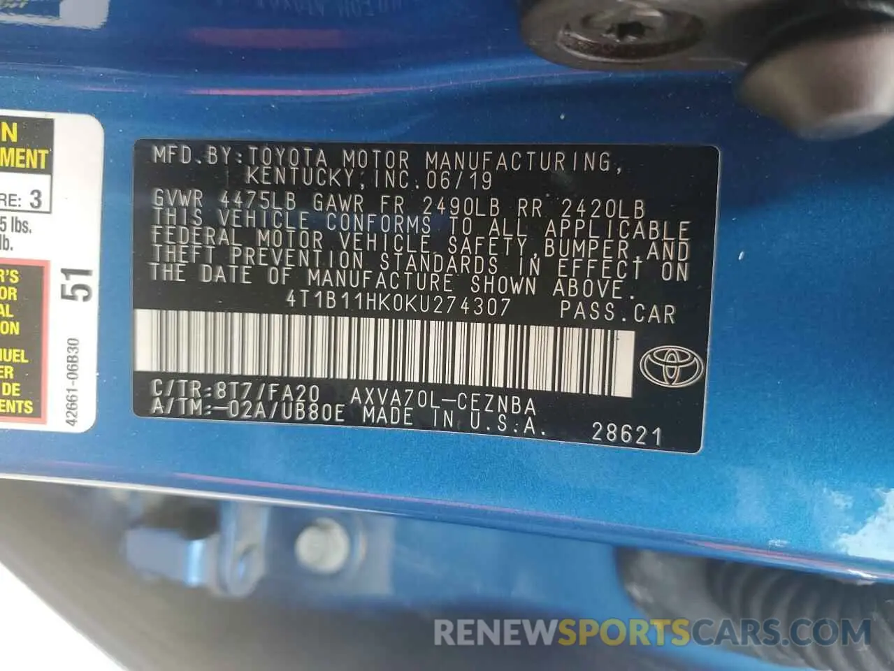 12 Фотография поврежденного автомобиля 4T1B11HK0KU274307 TOYOTA CAMRY 2019