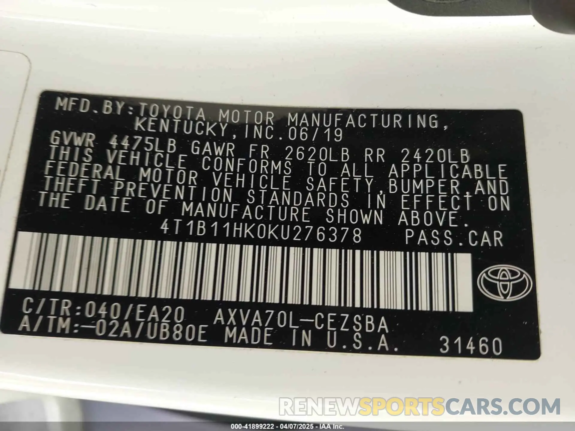 9 Фотография поврежденного автомобиля 4T1B11HK0KU276378 TOYOTA CAMRY 2019