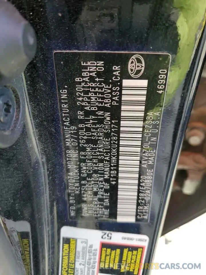 15 Фотография поврежденного автомобиля 4T1B11HK0KU287171 TOYOTA CAMRY 2019