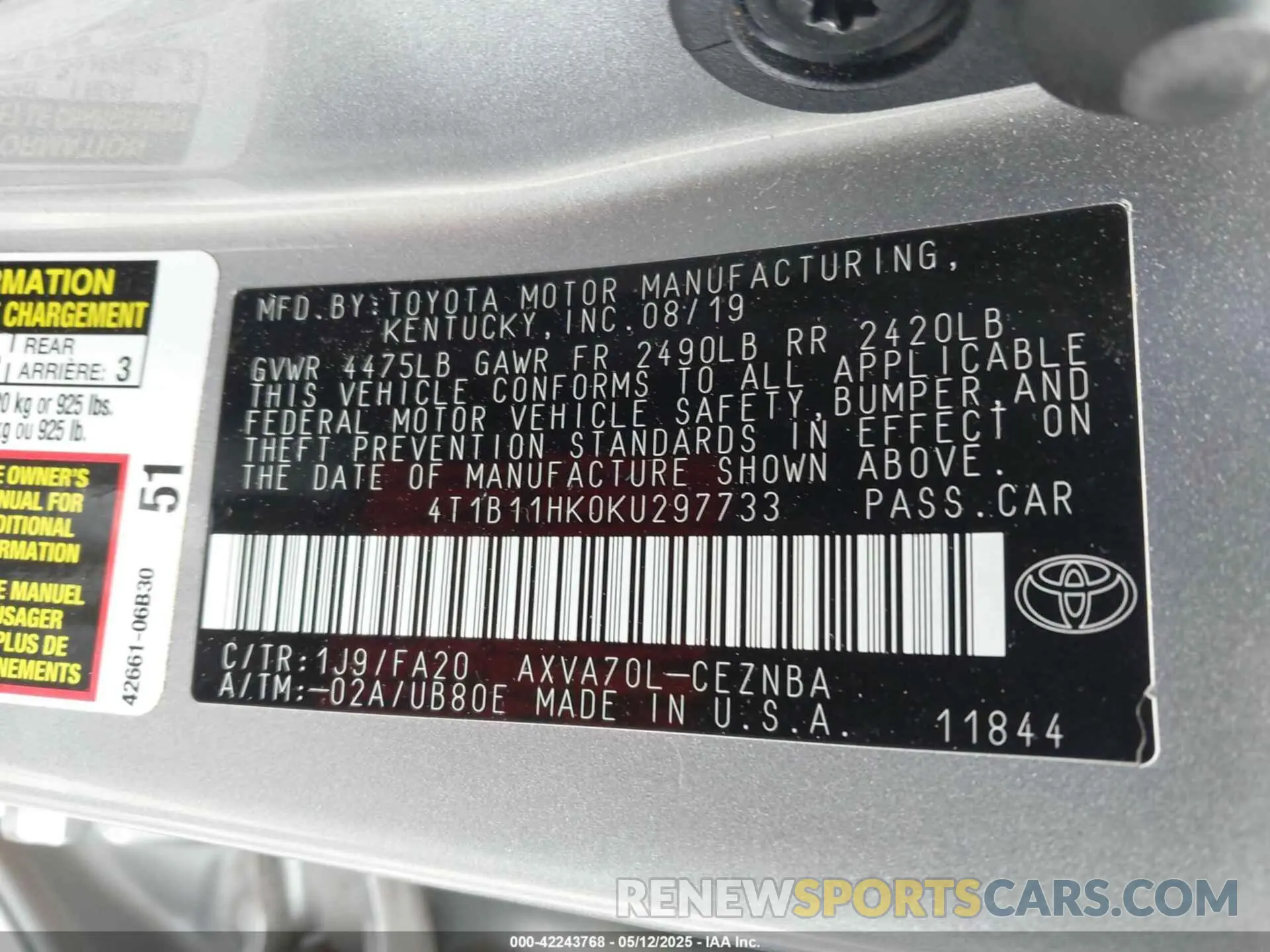 9 Фотография поврежденного автомобиля 4T1B11HK0KU297733 TOYOTA CAMRY 2019