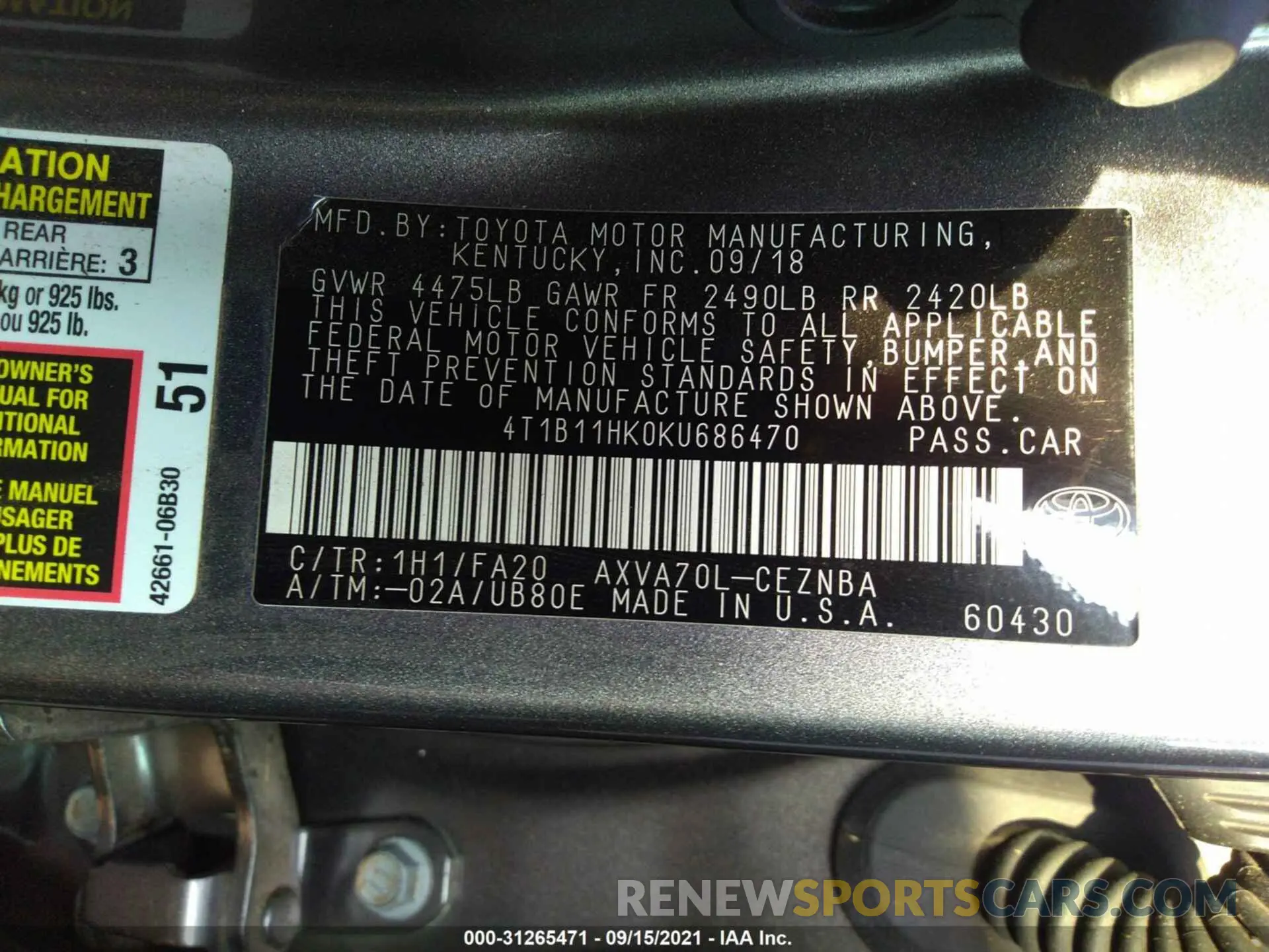 9 Фотография поврежденного автомобиля 4T1B11HK0KU686470 TOYOTA CAMRY 2019