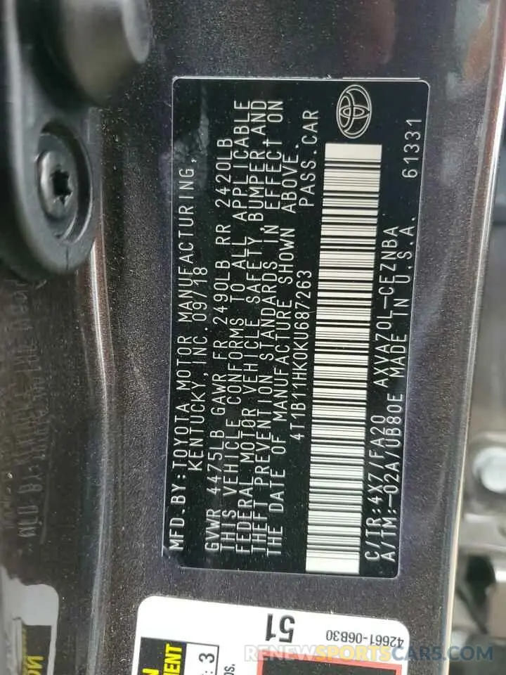 13 Фотография поврежденного автомобиля 4T1B11HK0KU687263 TOYOTA CAMRY 2019