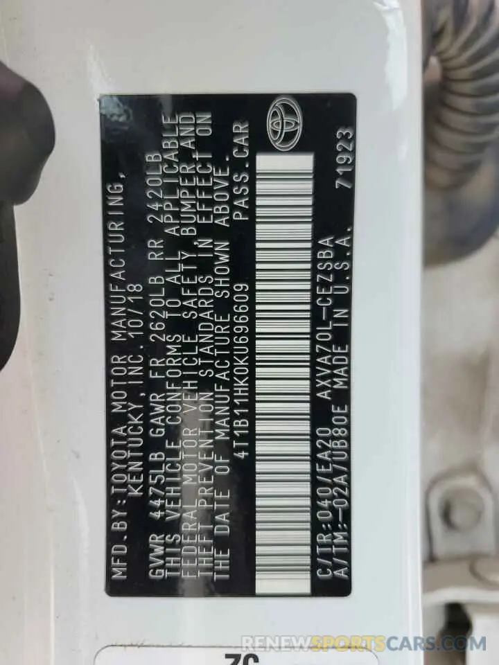 10 Photograph of a damaged car 4T1B11HK0KU696609 TOYOTA CAMRY 2019
