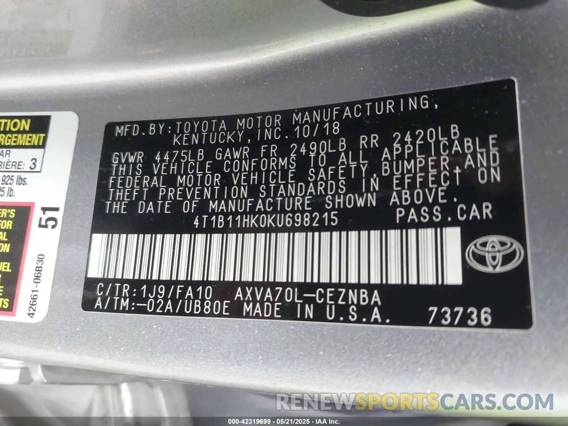9 Фотография поврежденного автомобиля 4T1B11HK0KU698215 TOYOTA CAMRY 2019
