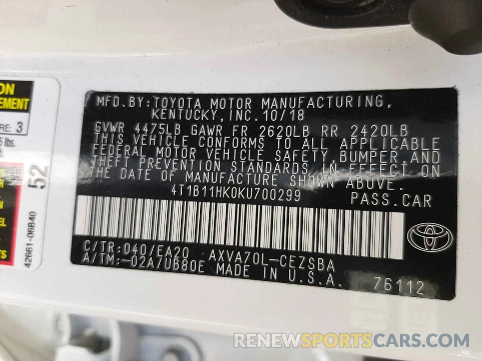 10 Photograph of a damaged car 4T1B11HK0KU700299 TOYOTA CAMRY 2019