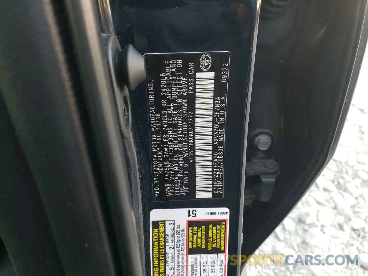 10 Фотография поврежденного автомобиля 4T1B11HK0KU711772 TOYOTA CAMRY 2019