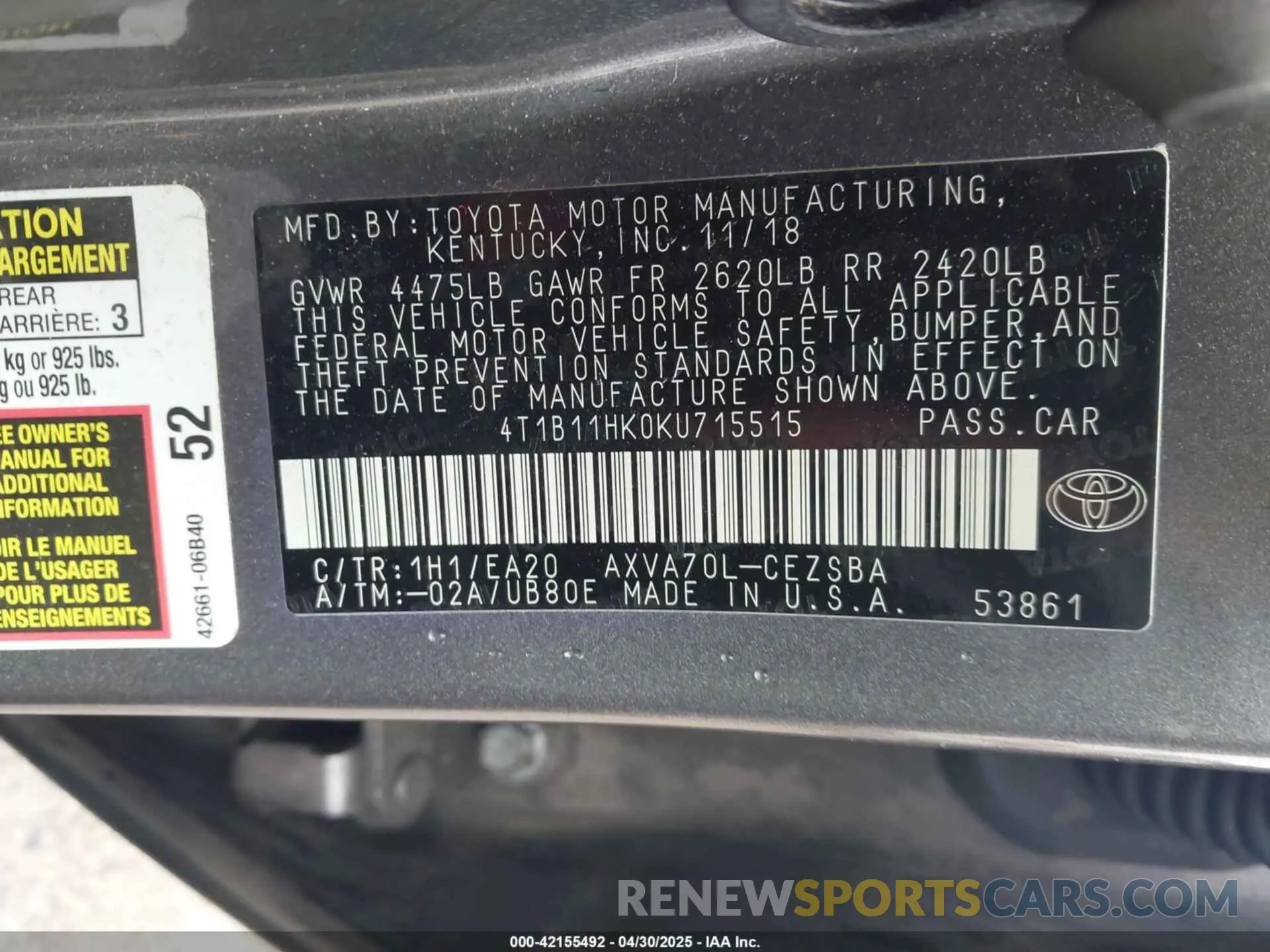 9 Фотография поврежденного автомобиля 4T1B11HK0KU715515 TOYOTA CAMRY 2019