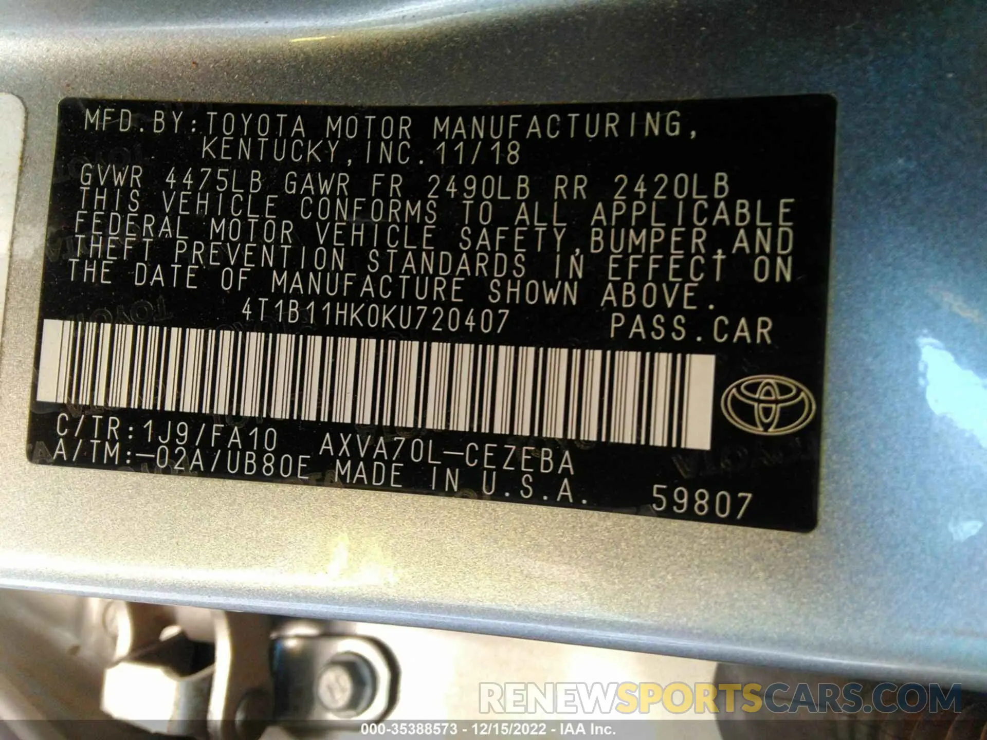 9 Фотография поврежденного автомобиля 4T1B11HK0KU720407 TOYOTA CAMRY 2019