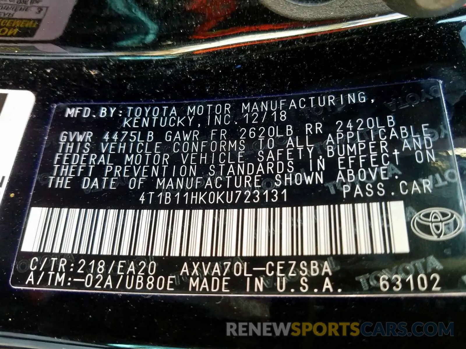 10 Photograph of a damaged car 4T1B11HK0KU723131 TOYOTA CAMRY 2019