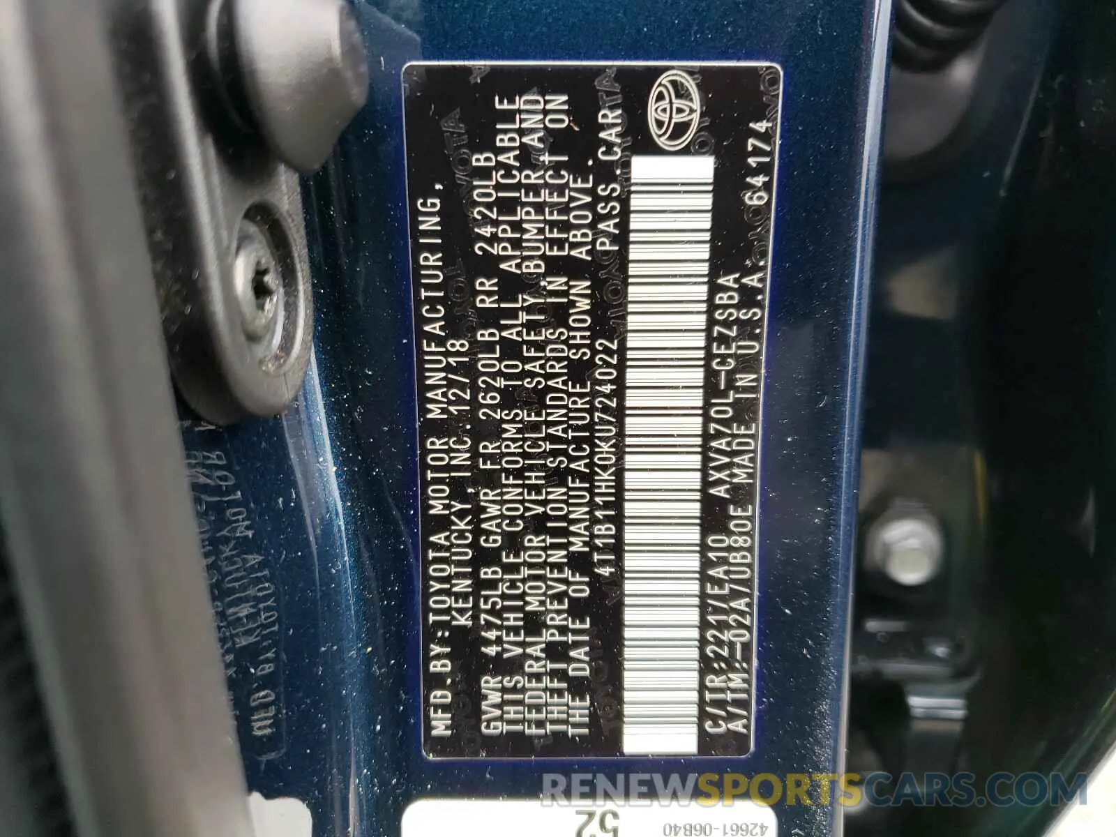 10 Photograph of a damaged car 4T1B11HK0KU724022 TOYOTA CAMRY 2019