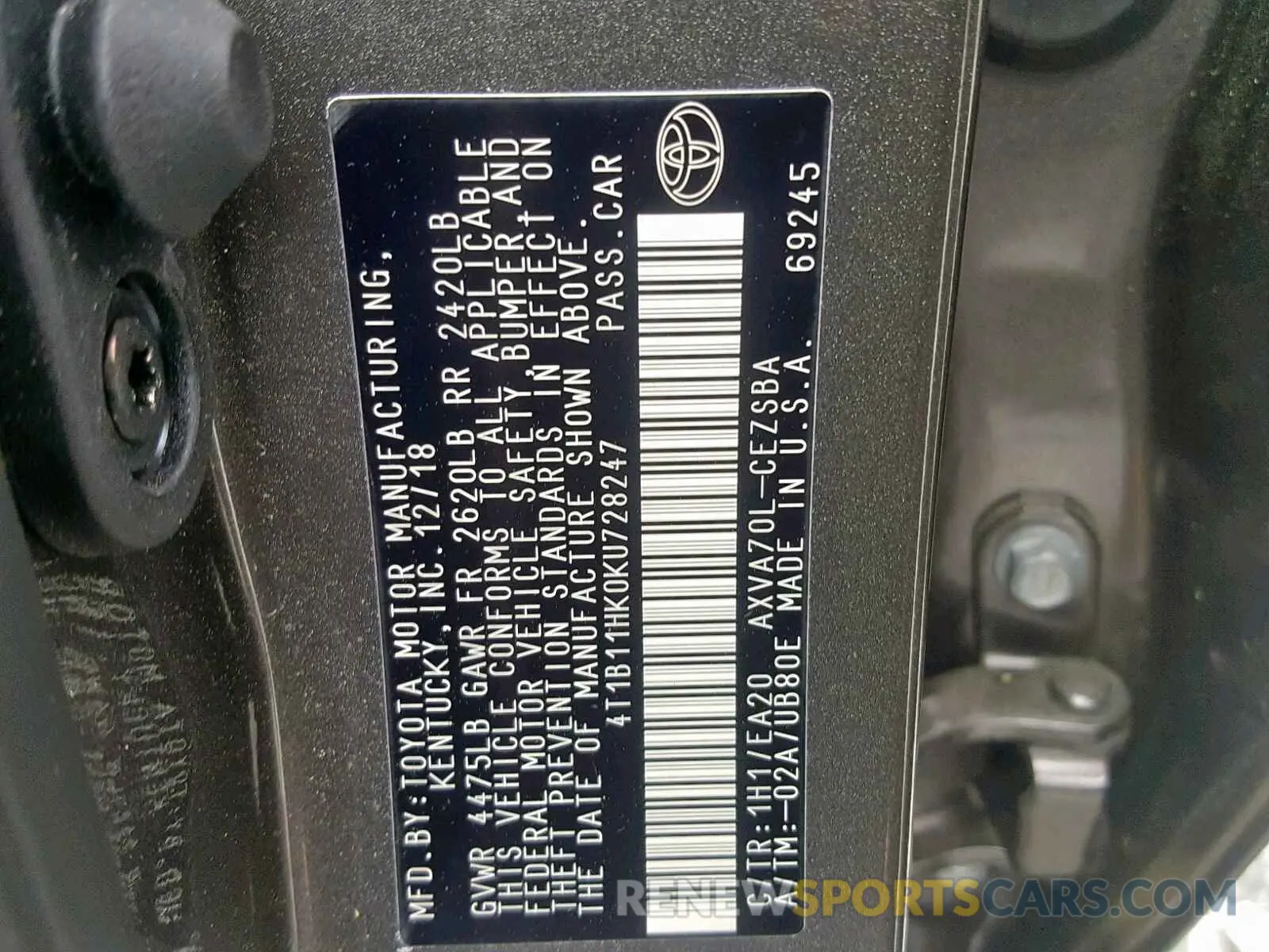 10 Photograph of a damaged car 4T1B11HK0KU728247 TOYOTA CAMRY 2019