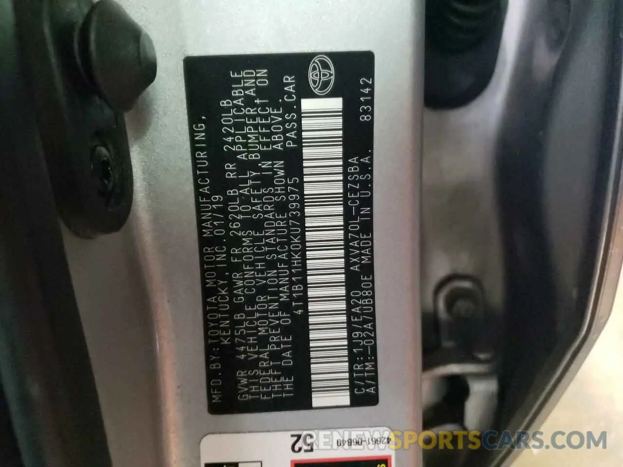 12 Фотография поврежденного автомобиля 4T1B11HK0KU739975 TOYOTA CAMRY 2019