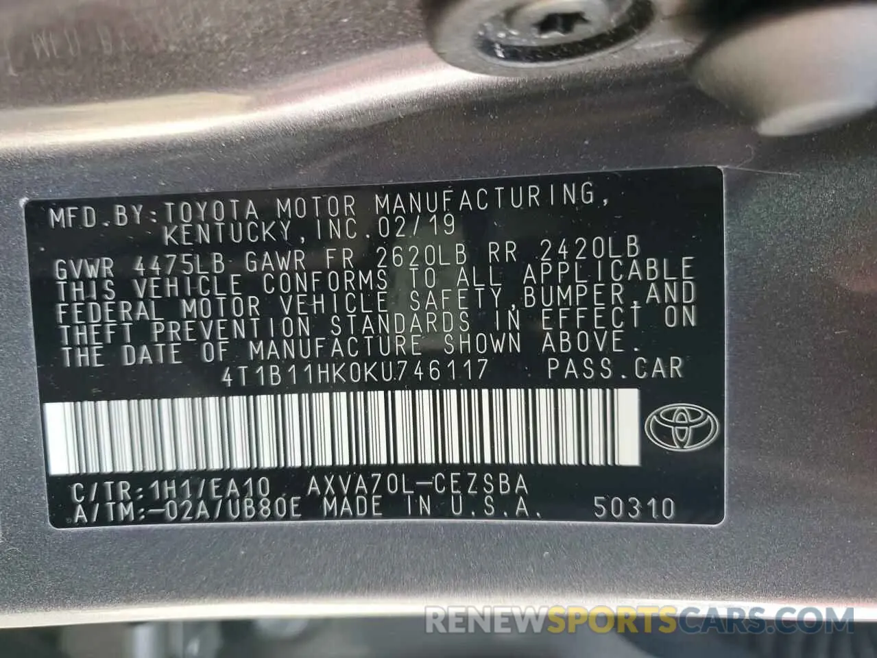 12 Фотография поврежденного автомобиля 4T1B11HK0KU746117 TOYOTA CAMRY 2019