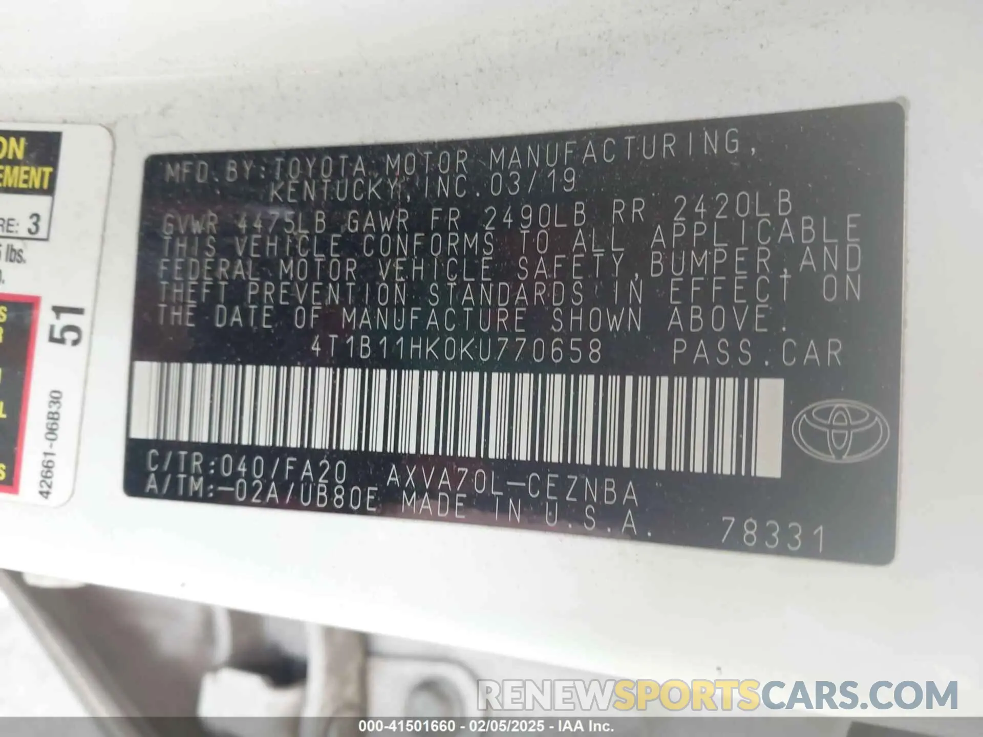 9 Фотография поврежденного автомобиля 4T1B11HK0KU770658 TOYOTA CAMRY 2019