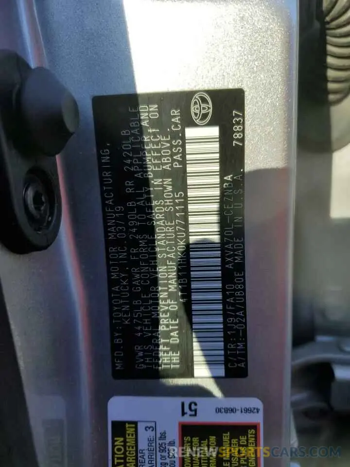 12 Photograph of a damaged car 4T1B11HK0KU771115 TOYOTA CAMRY 2019