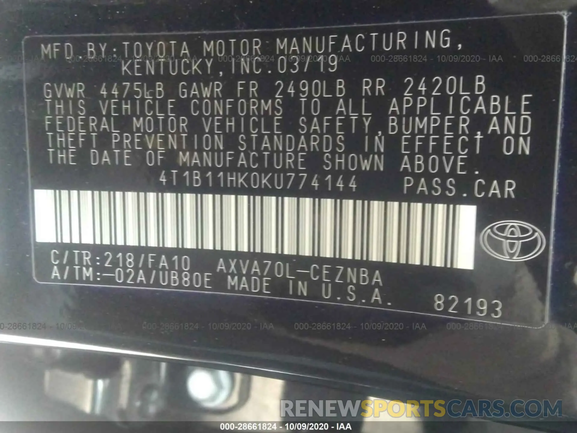 9 Photograph of a damaged car 4T1B11HK0KU774144 TOYOTA CAMRY 2019