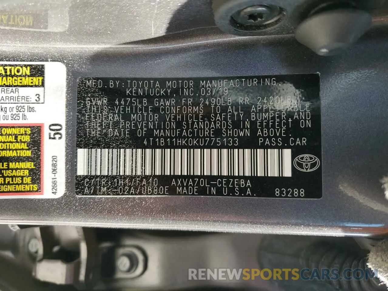 12 Photograph of a damaged car 4T1B11HK0KU775133 TOYOTA CAMRY 2019