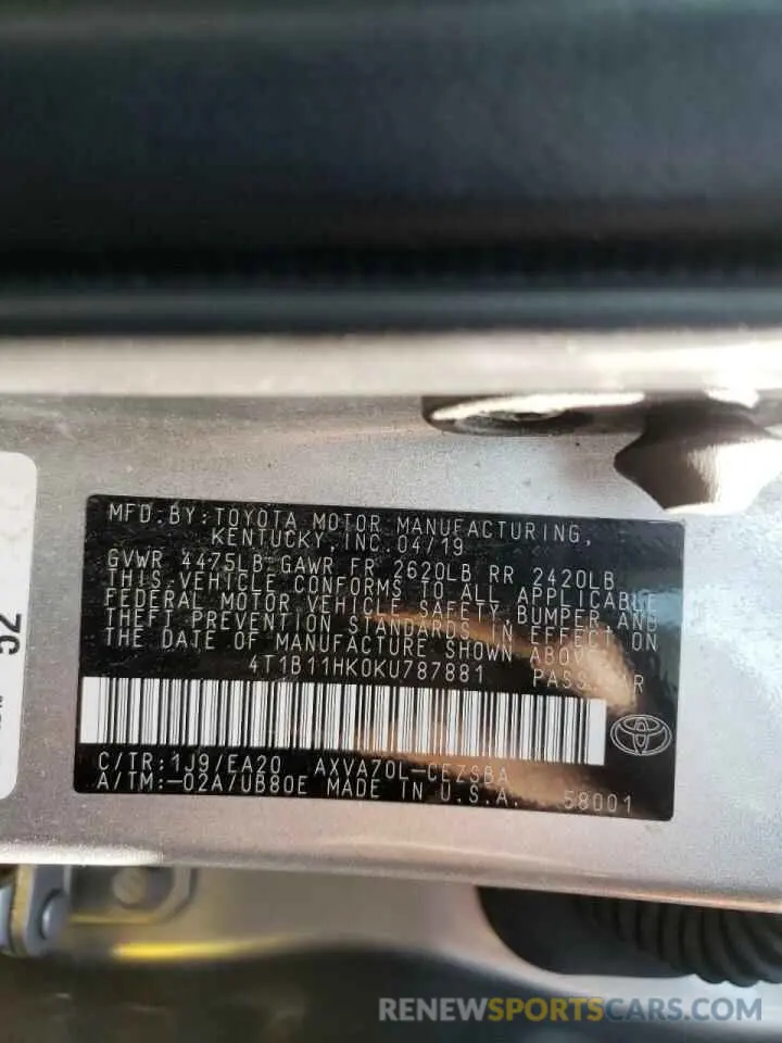 10 Фотография поврежденного автомобиля 4T1B11HK0KU787881 TOYOTA CAMRY 2019