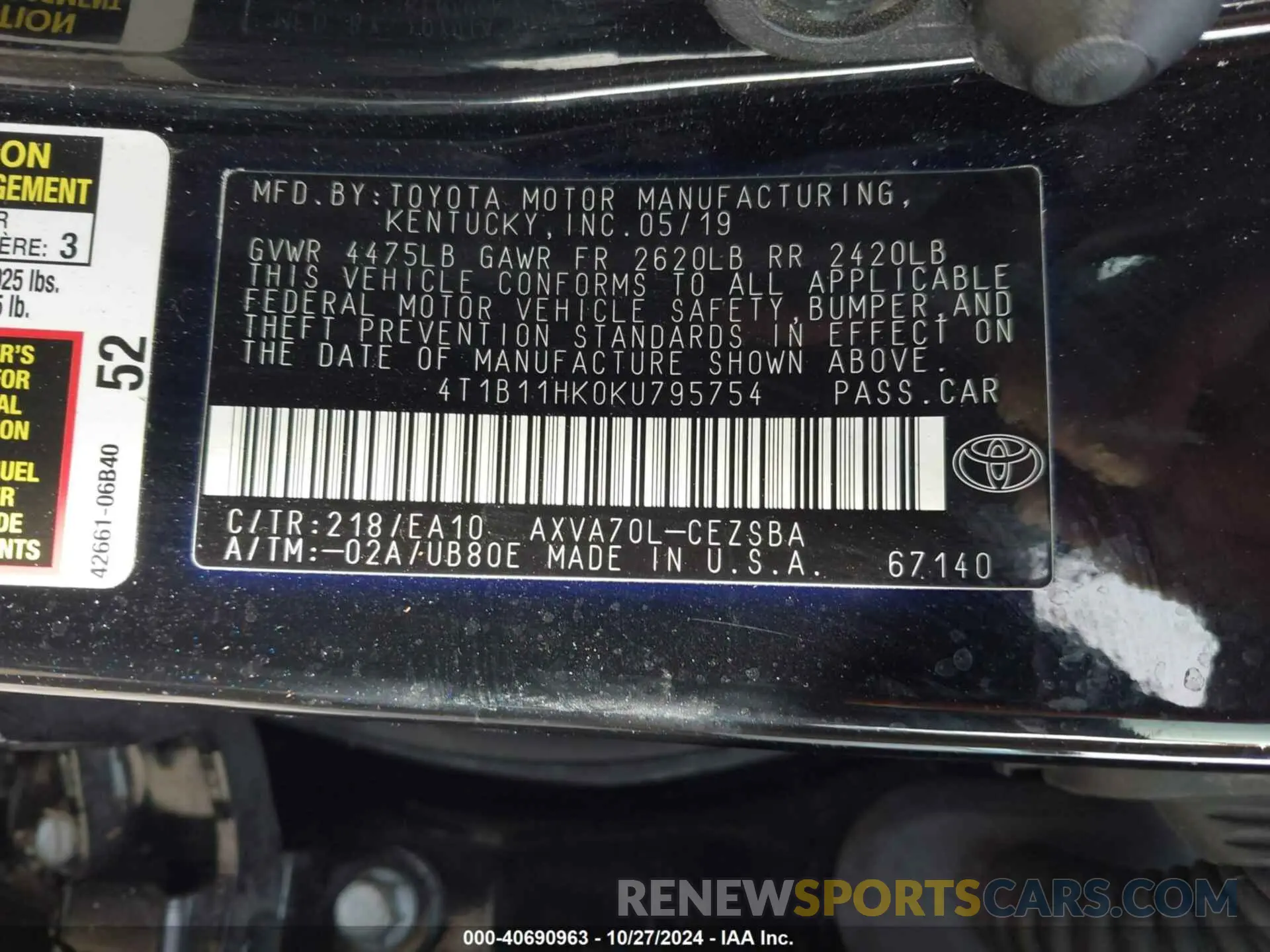 9 Фотография поврежденного автомобиля 4T1B11HK0KU795754 TOYOTA CAMRY 2019