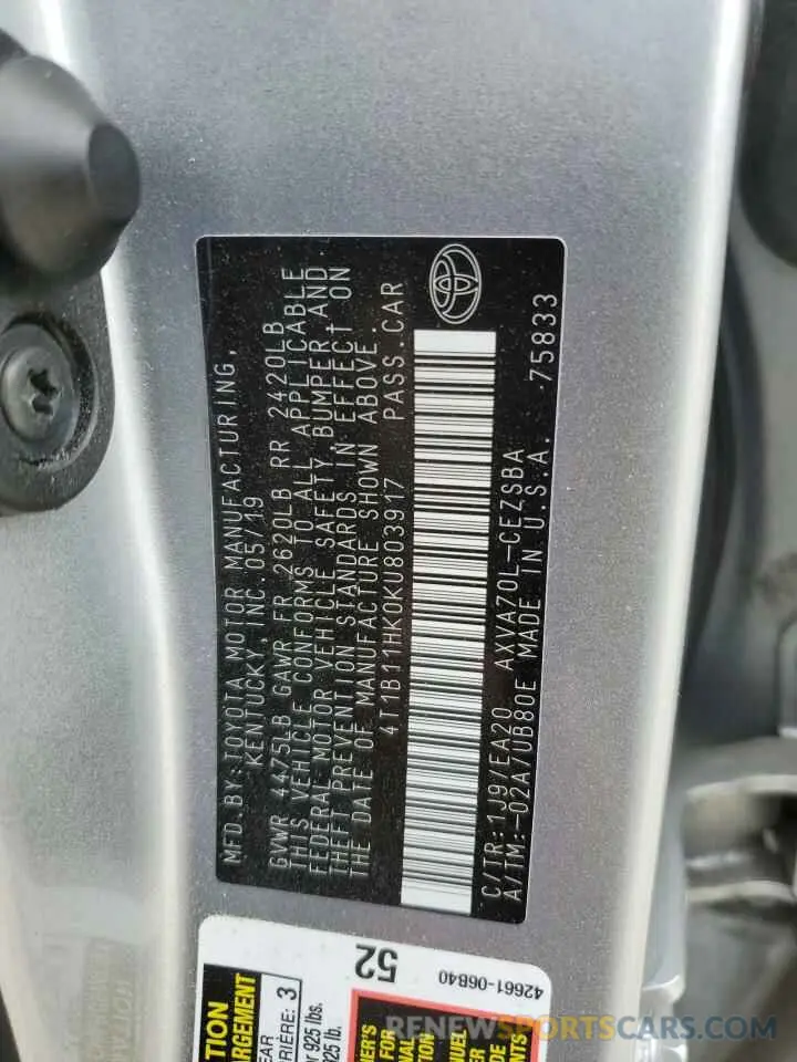 13 Фотография поврежденного автомобиля 4T1B11HK0KU803917 TOYOTA CAMRY 2019