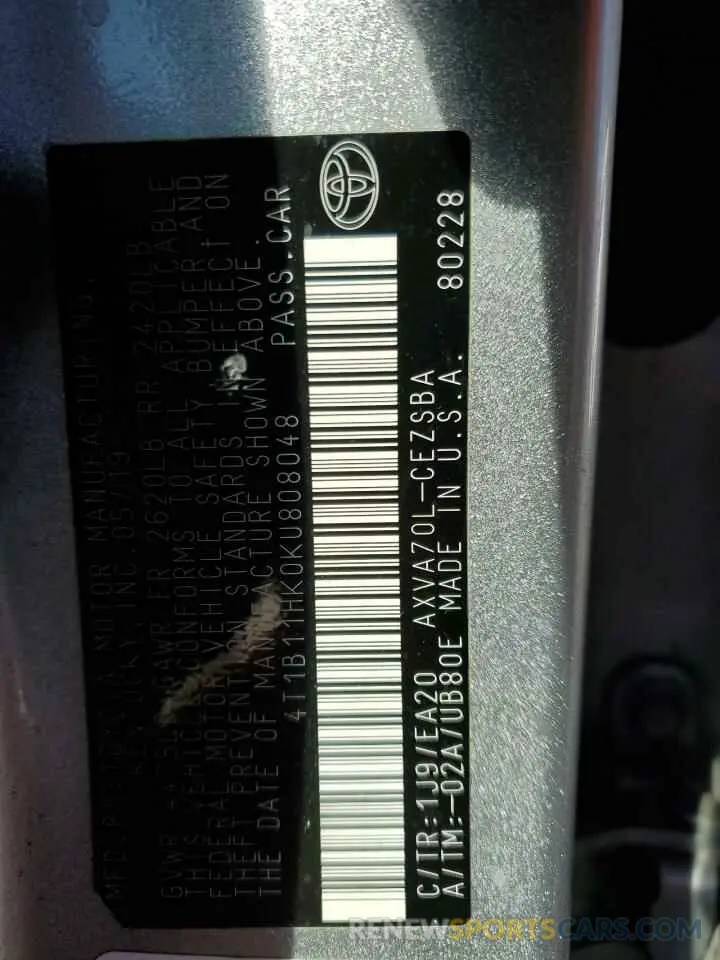 12 Photograph of a damaged car 4T1B11HK0KU808048 TOYOTA CAMRY 2019