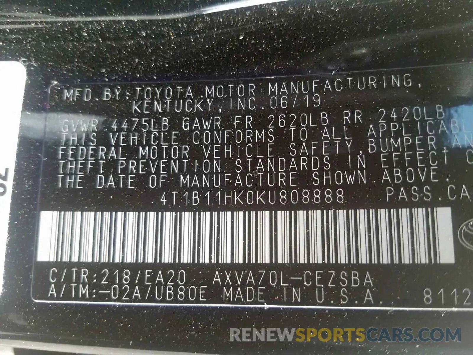 10 Photograph of a damaged car 4T1B11HK0KU808888 TOYOTA CAMRY 2019