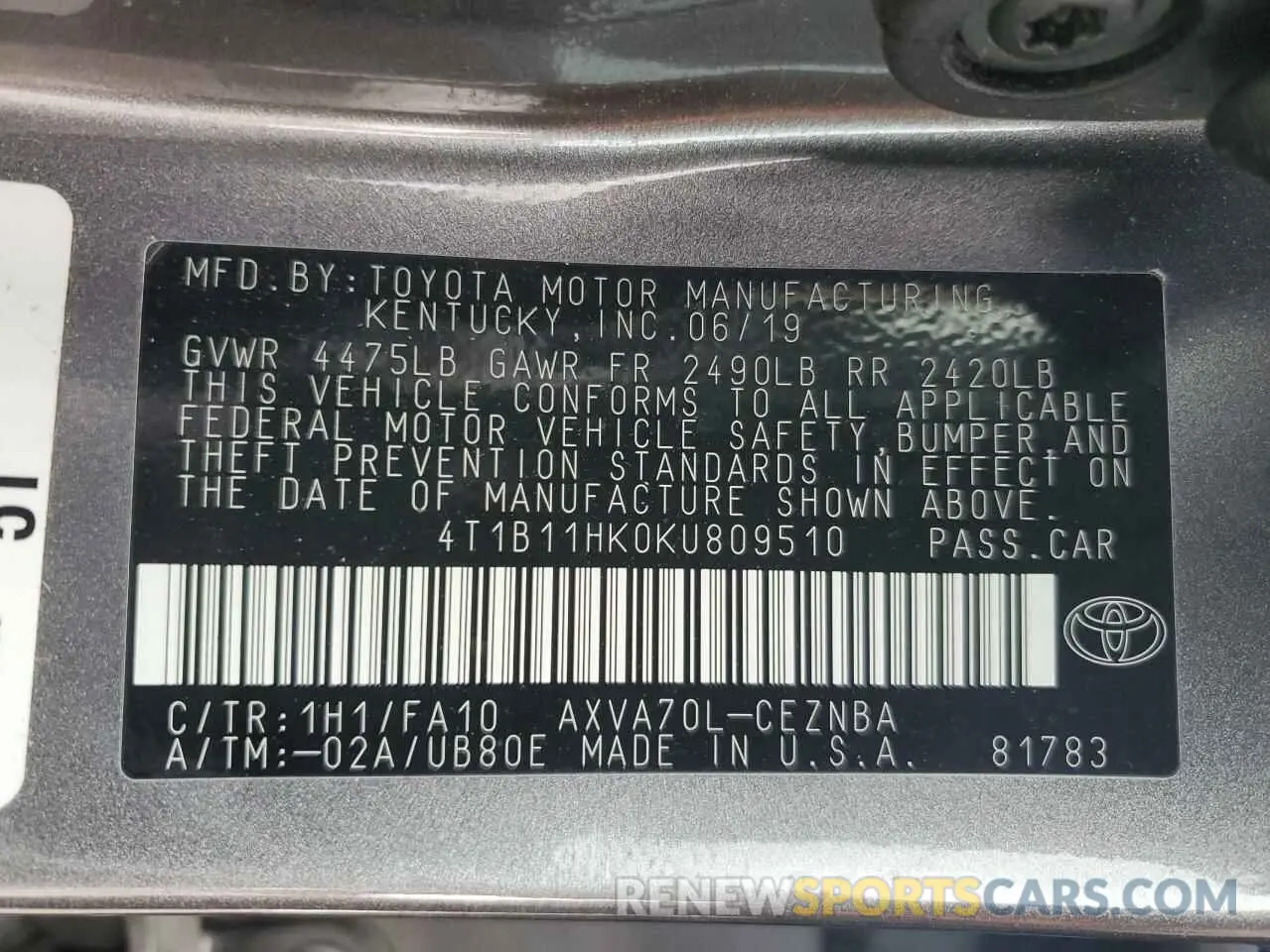 12 Photograph of a damaged car 4T1B11HK0KU809510 TOYOTA CAMRY 2019