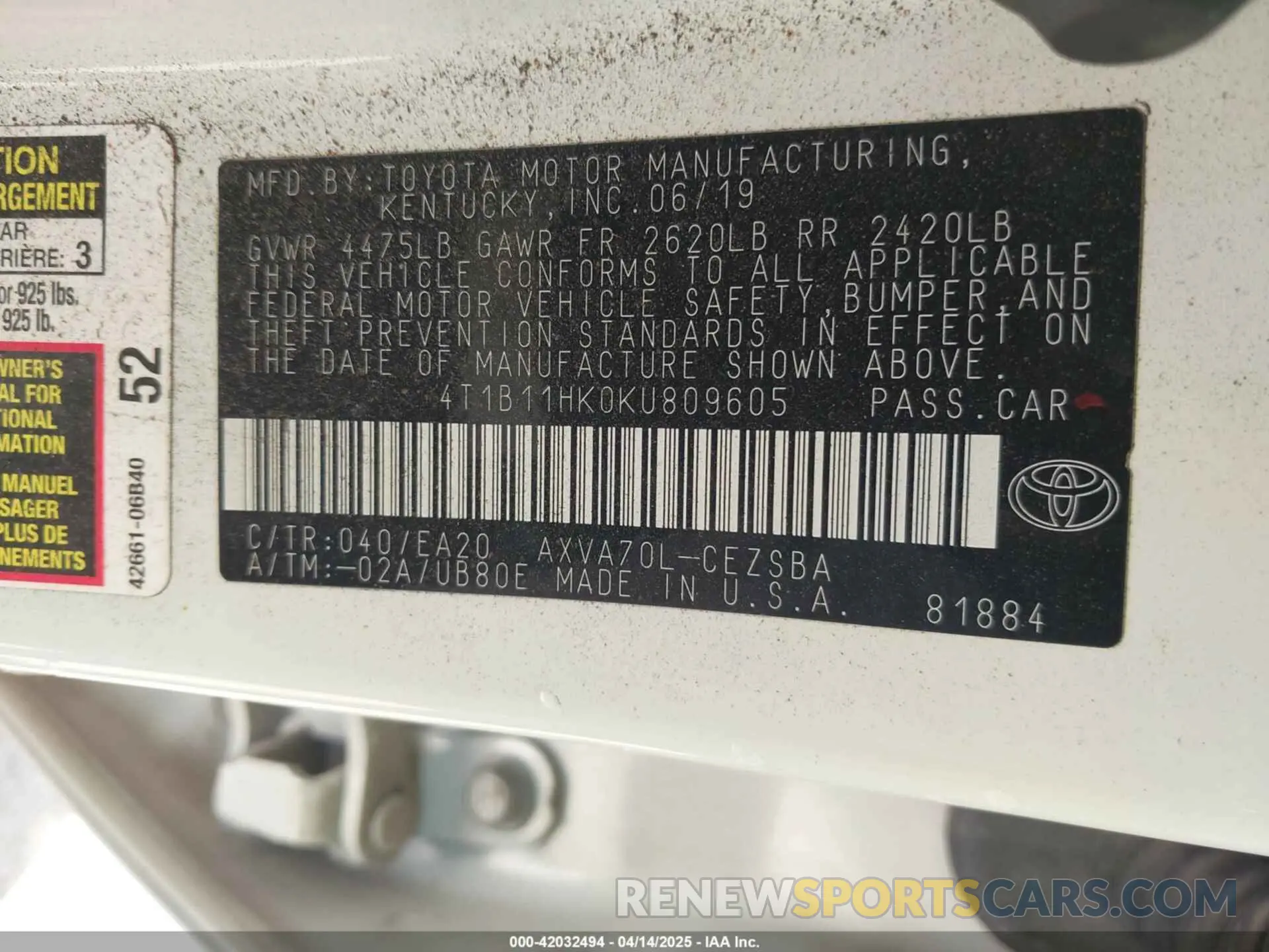 9 Фотография поврежденного автомобиля 4T1B11HK0KU809605 TOYOTA CAMRY 2019