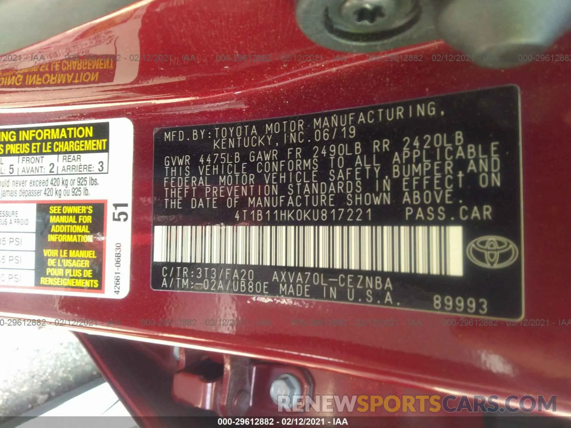 9 Photograph of a damaged car 4T1B11HK0KU817221 TOYOTA CAMRY 2019