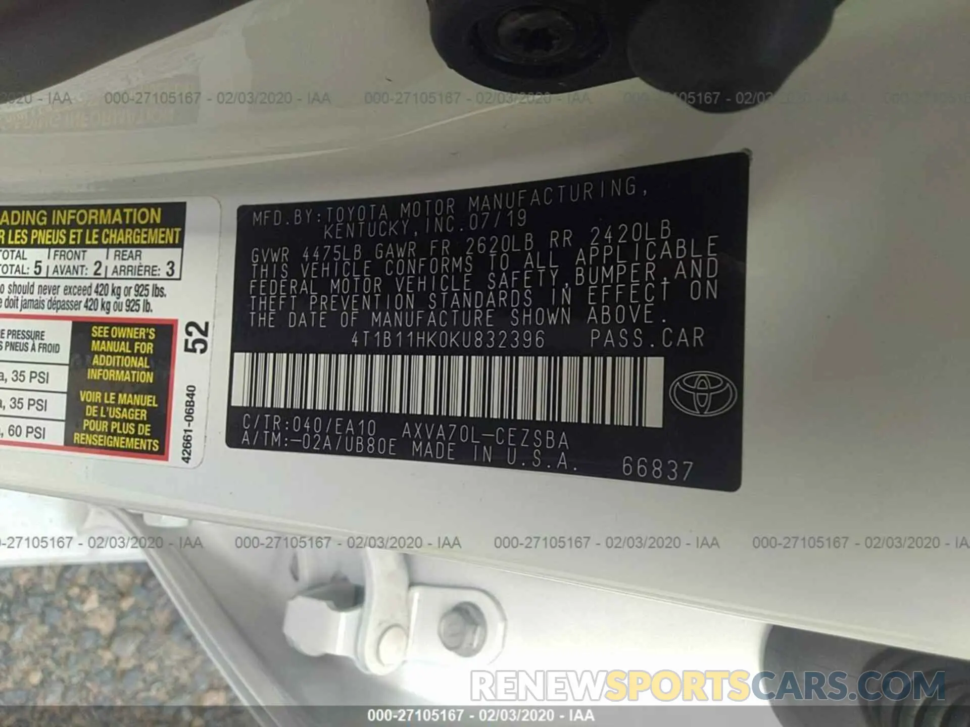 9 Photograph of a damaged car 4T1B11HK0KU832396 TOYOTA CAMRY 2019