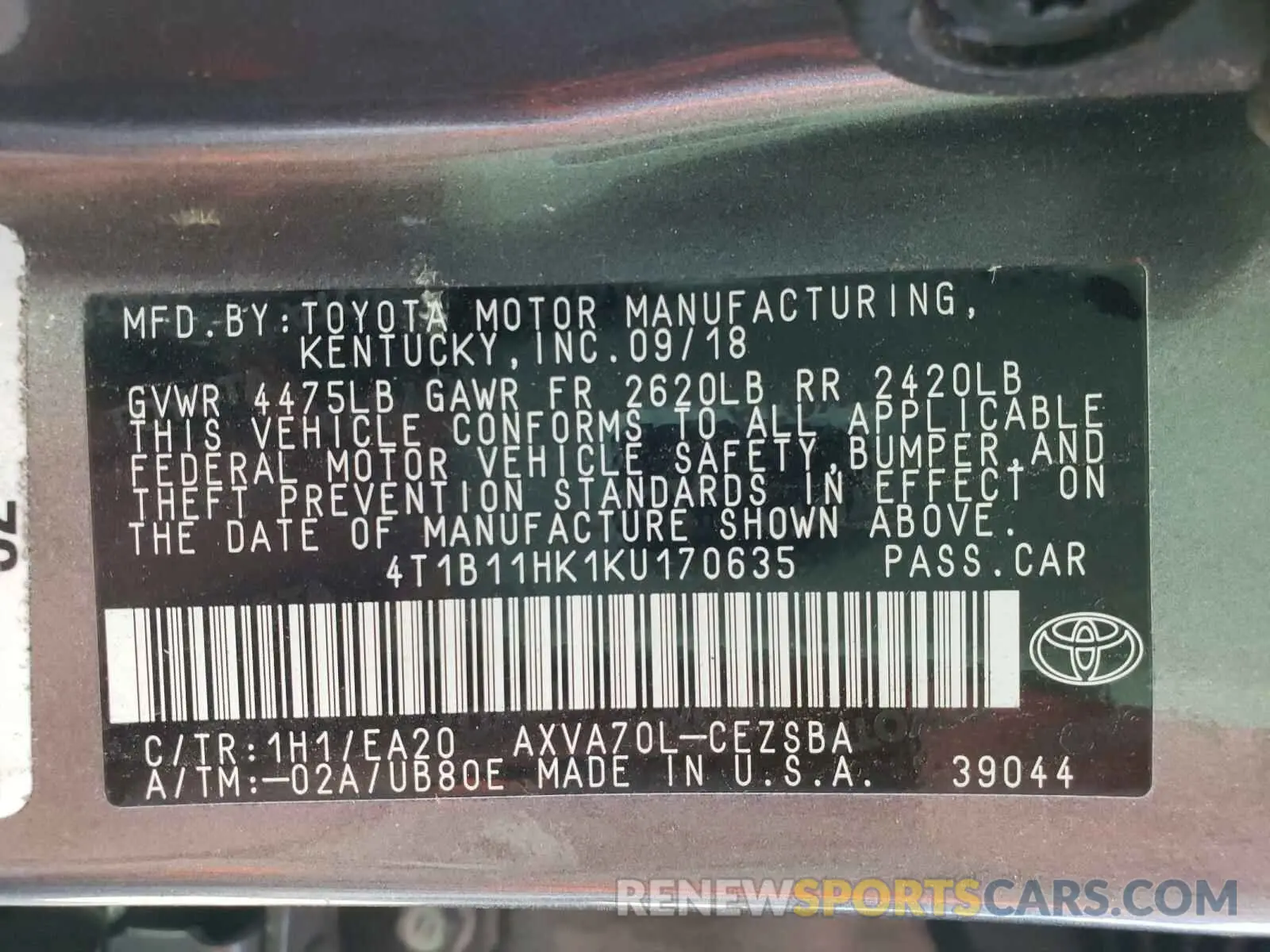 10 Photograph of a damaged car 4T1B11HK1KU170635 TOYOTA CAMRY 2019