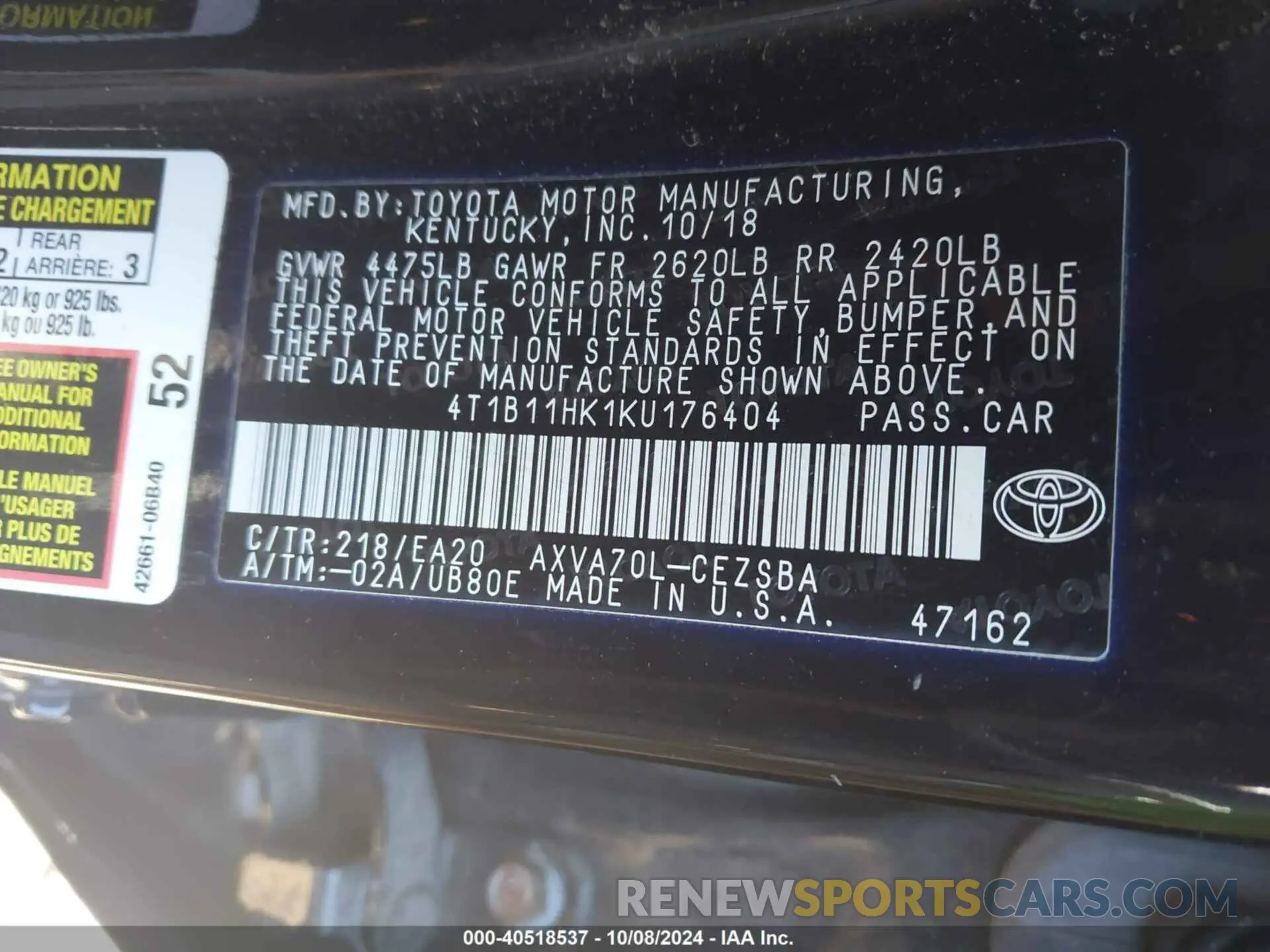 9 Photograph of a damaged car 4T1B11HK1KU176404 TOYOTA CAMRY 2019