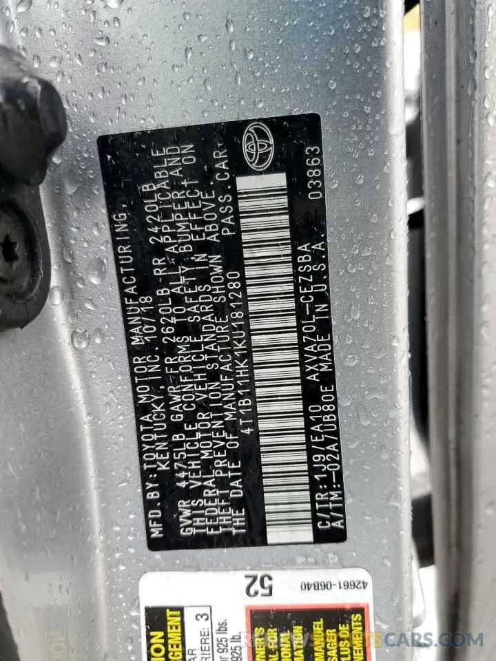 12 Photograph of a damaged car 4T1B11HK1KU181280 TOYOTA CAMRY 2019