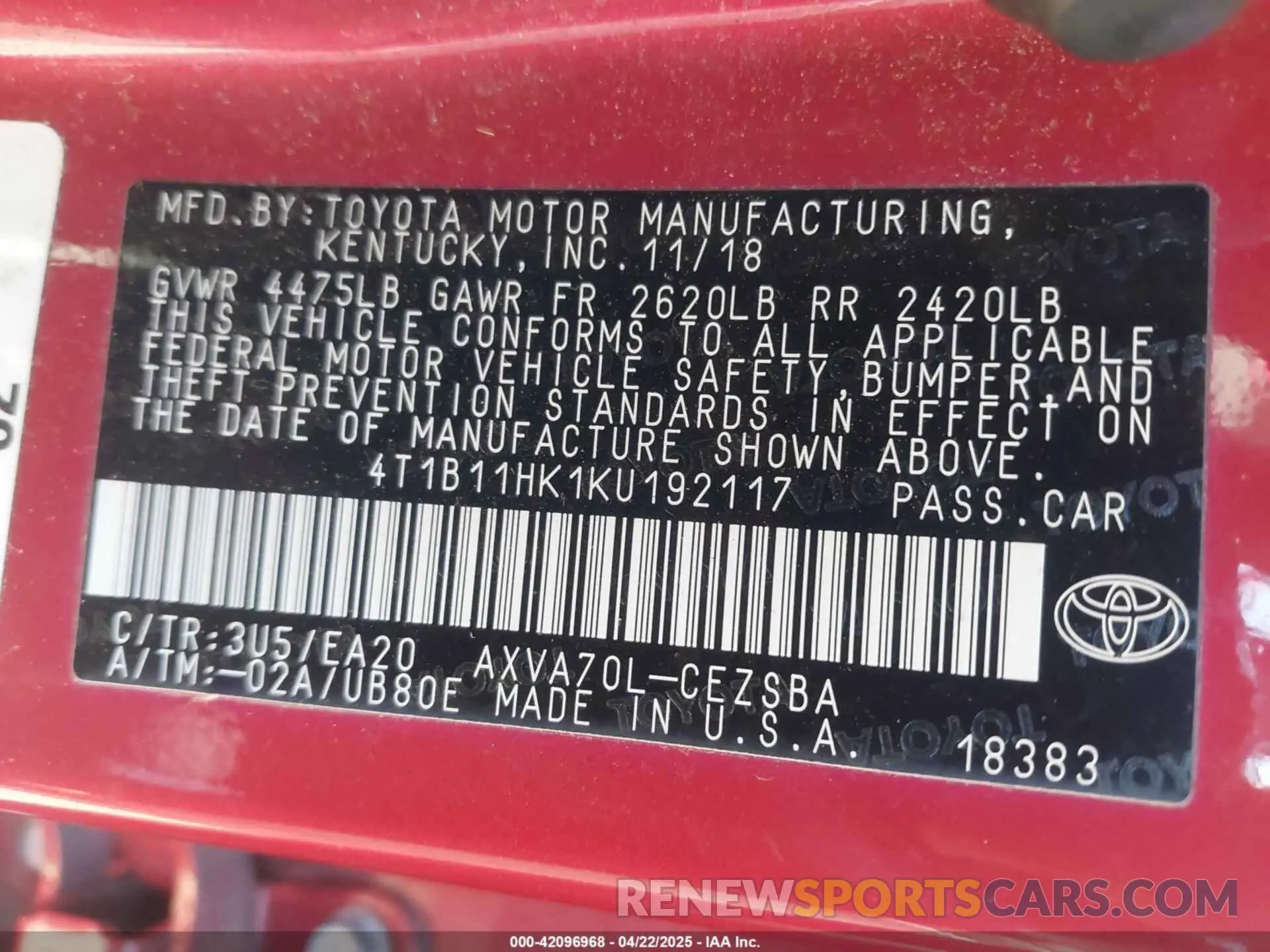 9 Photograph of a damaged car 4T1B11HK1KU192117 TOYOTA CAMRY 2019