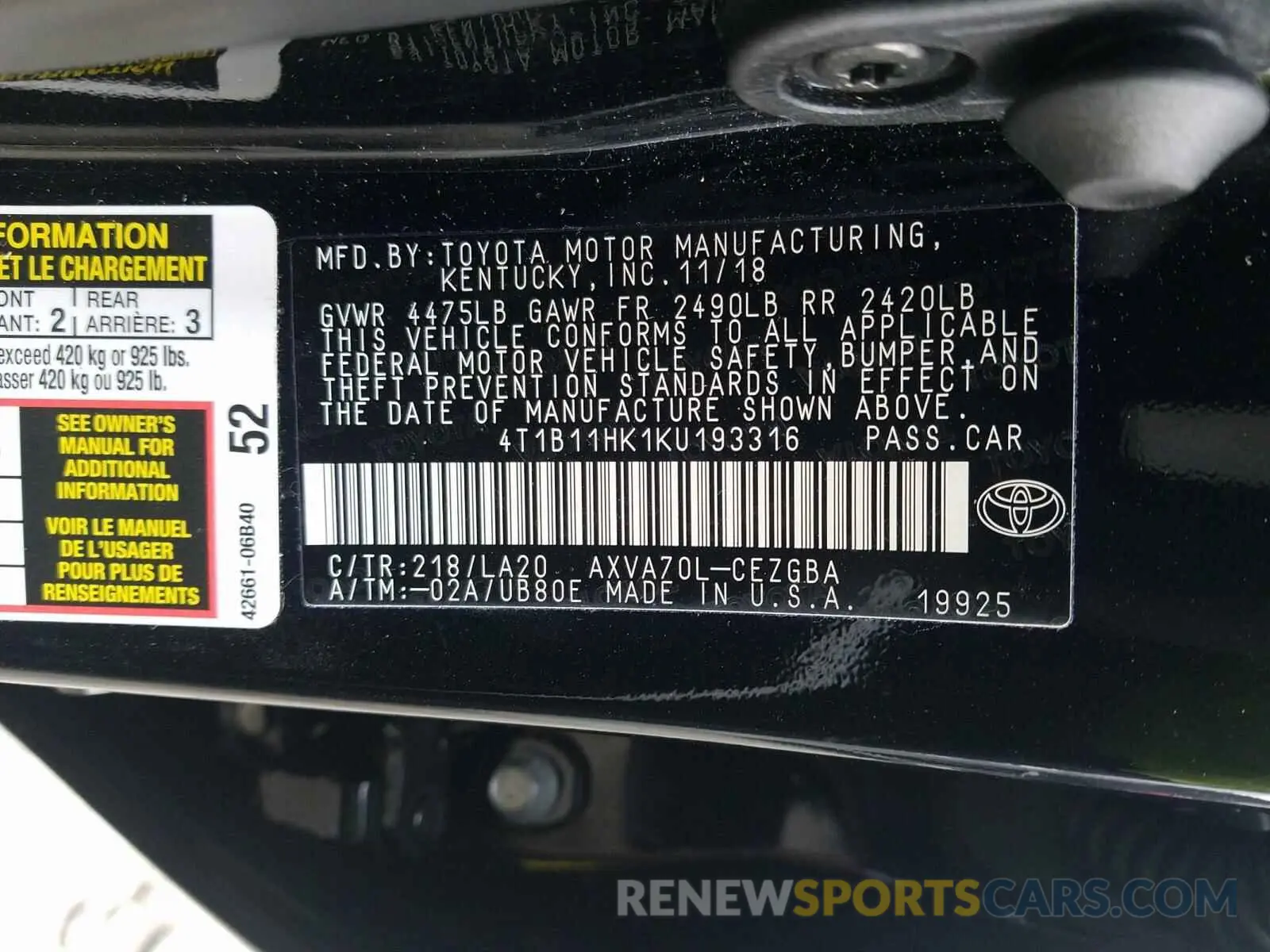 10 Photograph of a damaged car 4T1B11HK1KU193316 TOYOTA CAMRY 2019