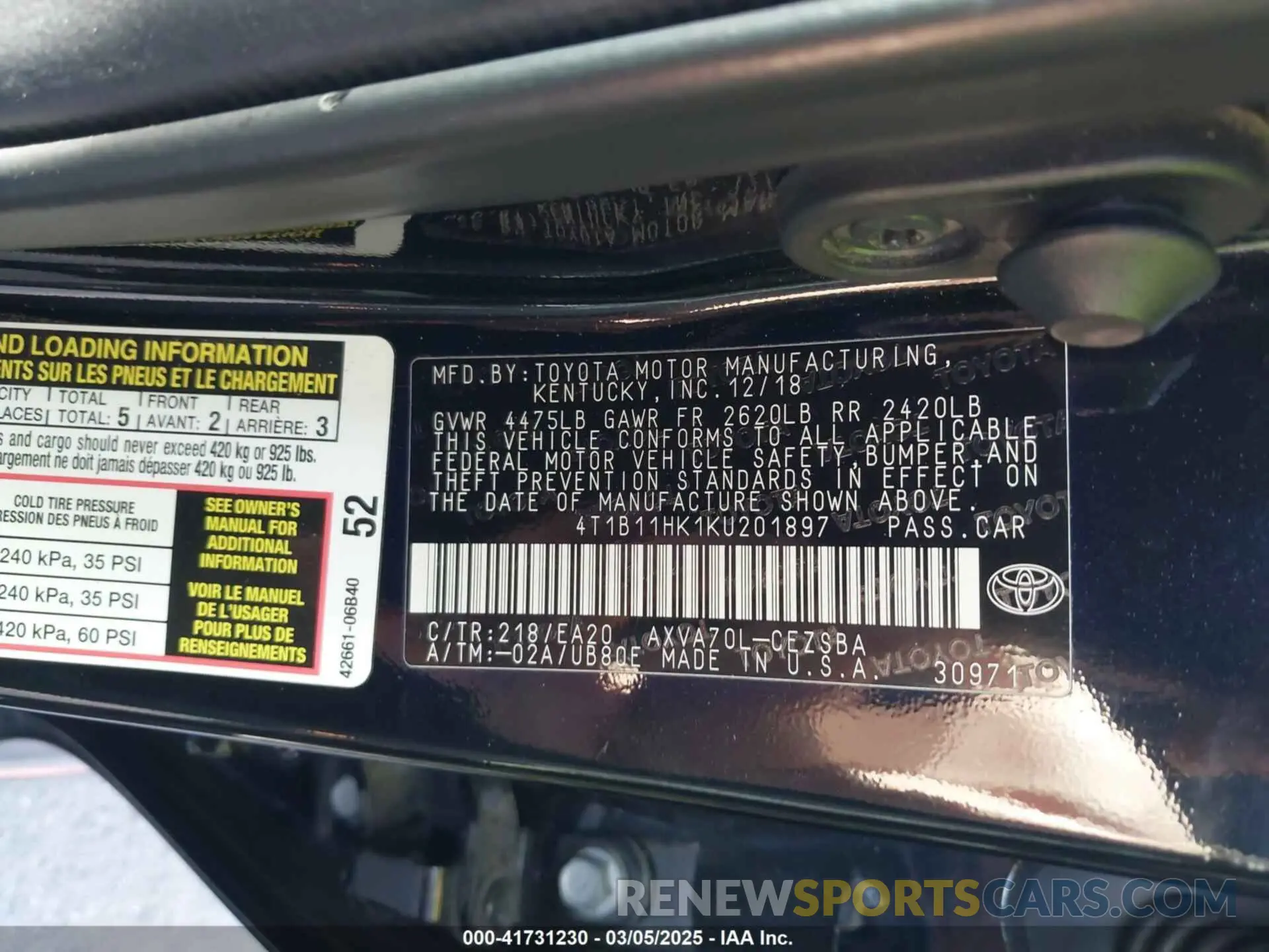 9 Photograph of a damaged car 4T1B11HK1KU201897 TOYOTA CAMRY 2019