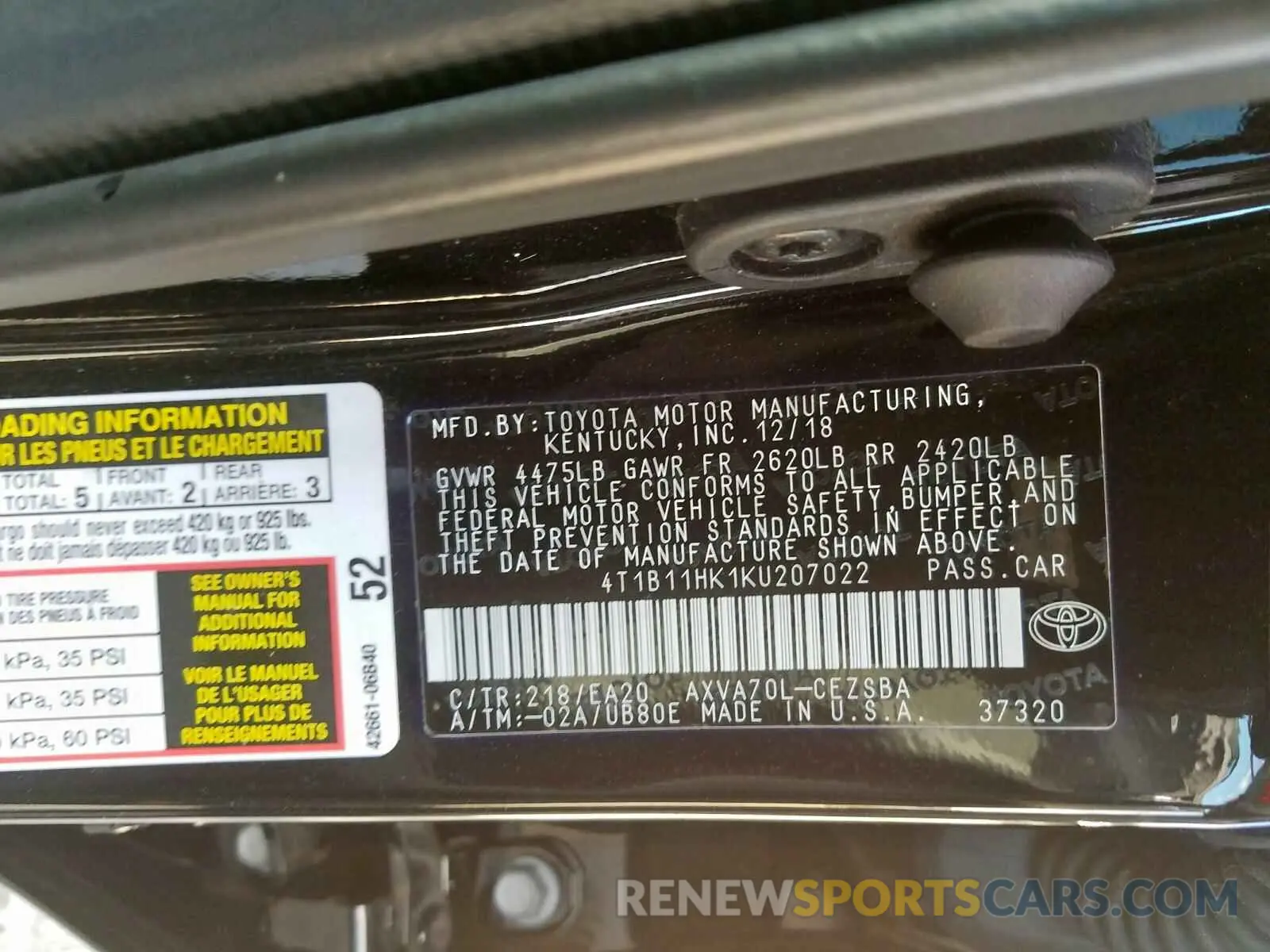 10 Photograph of a damaged car 4T1B11HK1KU207022 TOYOTA CAMRY 2019