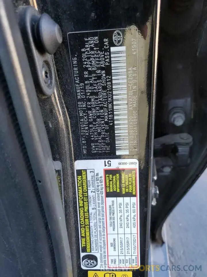 12 Фотография поврежденного автомобиля 4T1B11HK1KU210812 TOYOTA CAMRY 2019