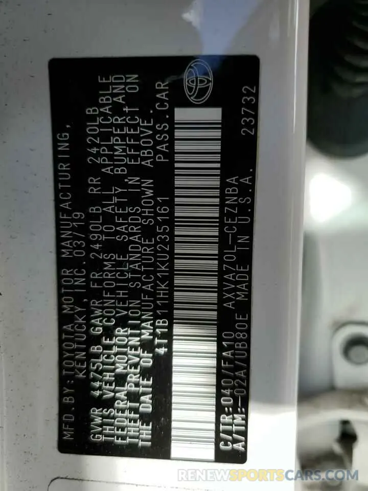 13 Photograph of a damaged car 4T1B11HK1KU235161 TOYOTA CAMRY 2019