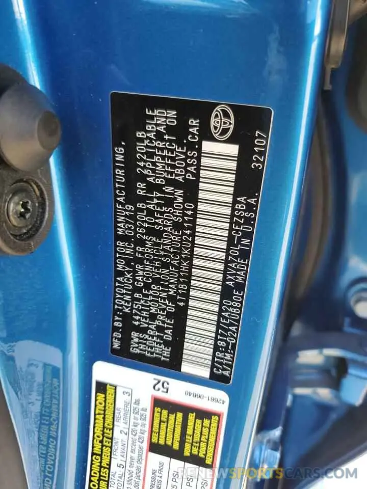 12 Photograph of a damaged car 4T1B11HK1KU241140 TOYOTA CAMRY 2019