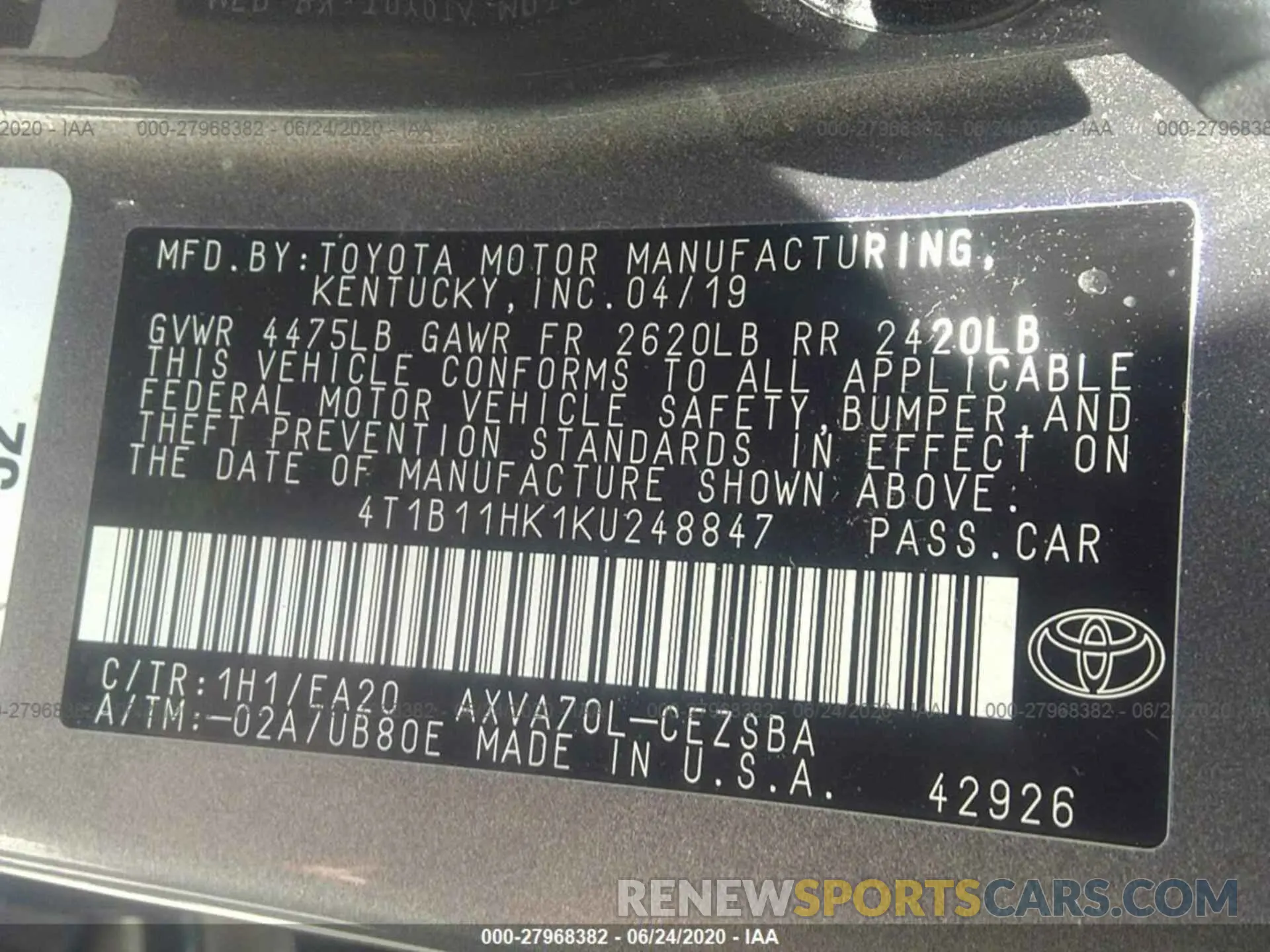 9 Photograph of a damaged car 4T1B11HK1KU248847 TOYOTA CAMRY 2019