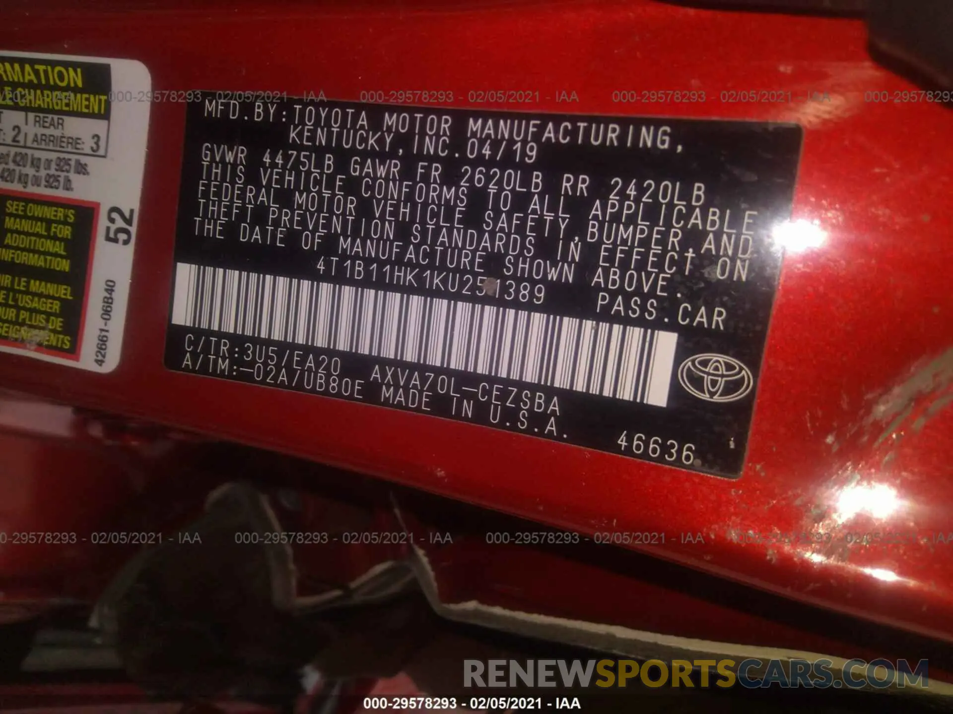 9 Photograph of a damaged car 4T1B11HK1KU251389 TOYOTA CAMRY 2019