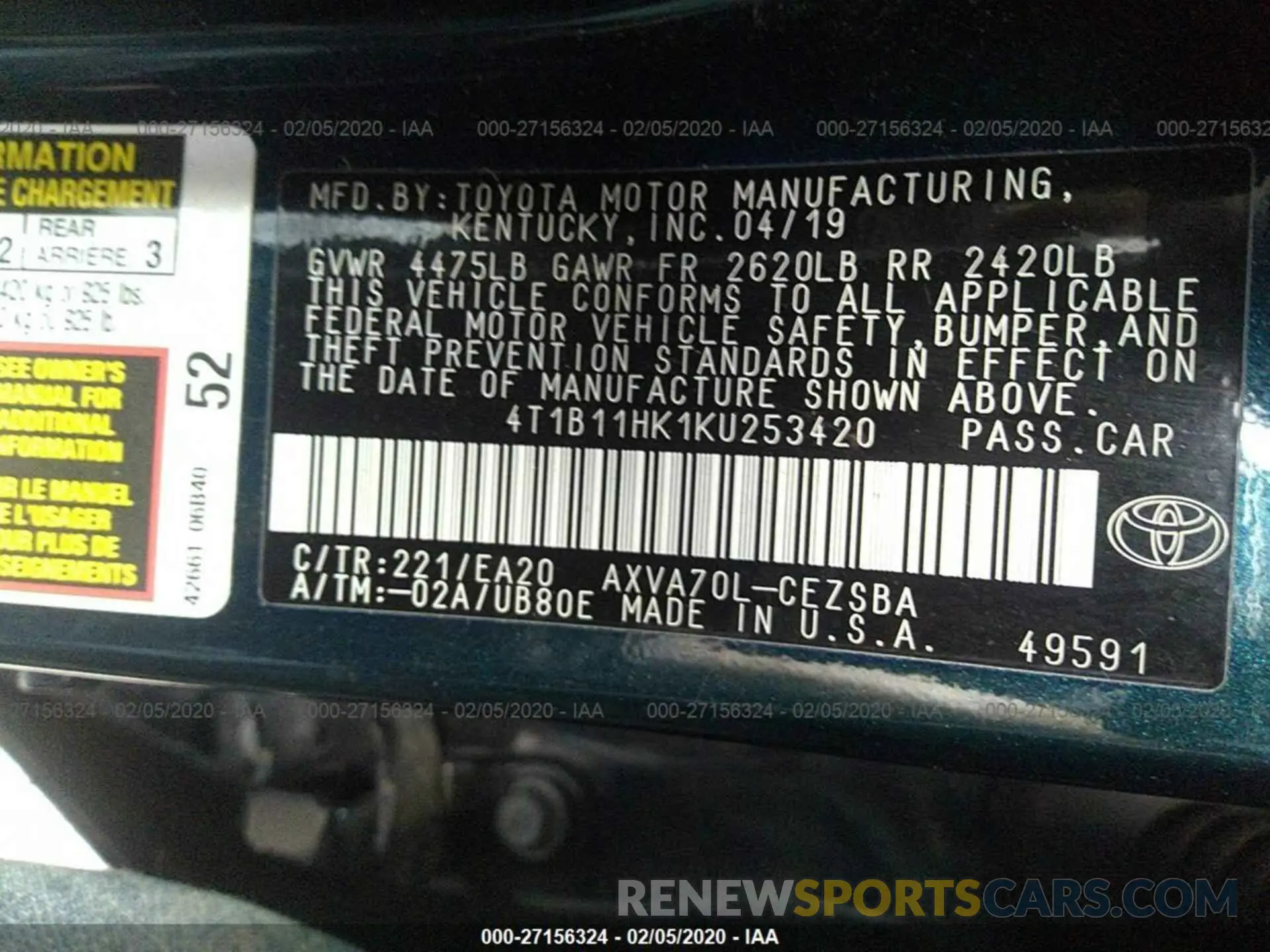 9 Photograph of a damaged car 4T1B11HK1KU253420 TOYOTA CAMRY 2019
