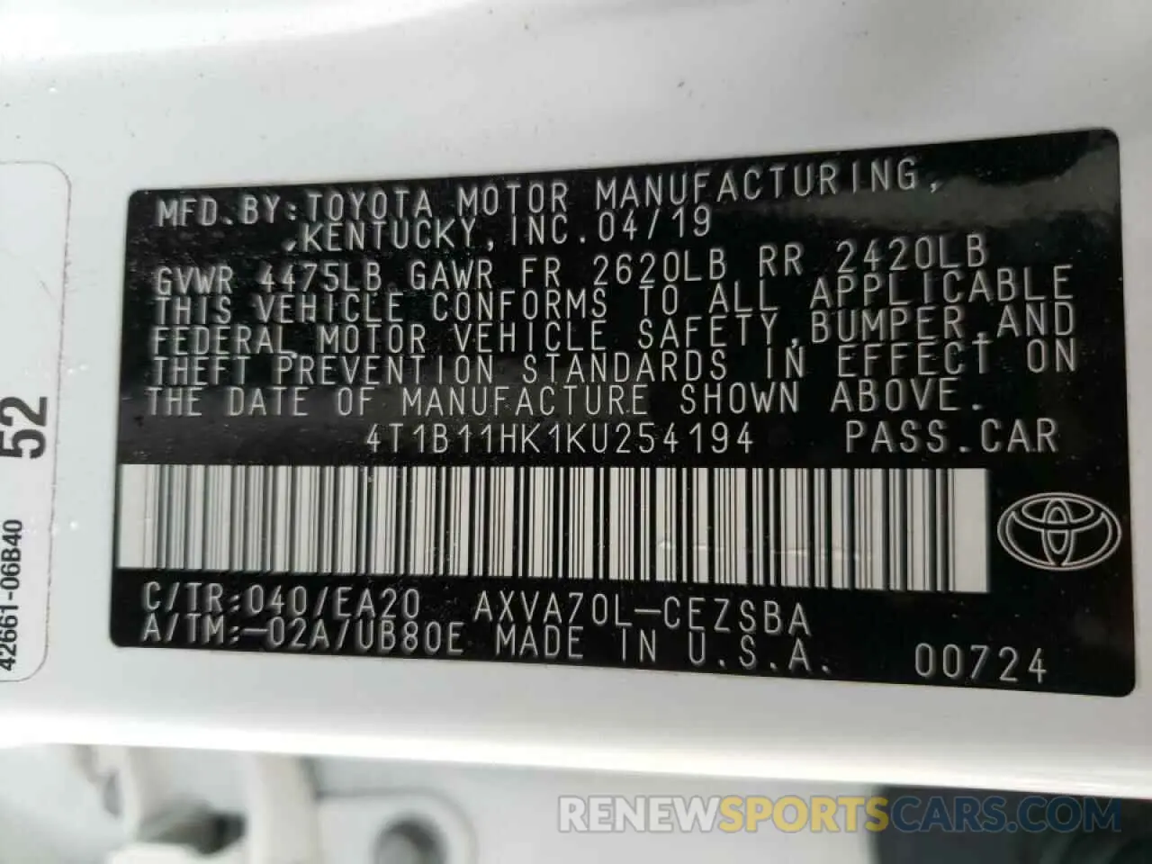 10 Photograph of a damaged car 4T1B11HK1KU254194 TOYOTA CAMRY 2019