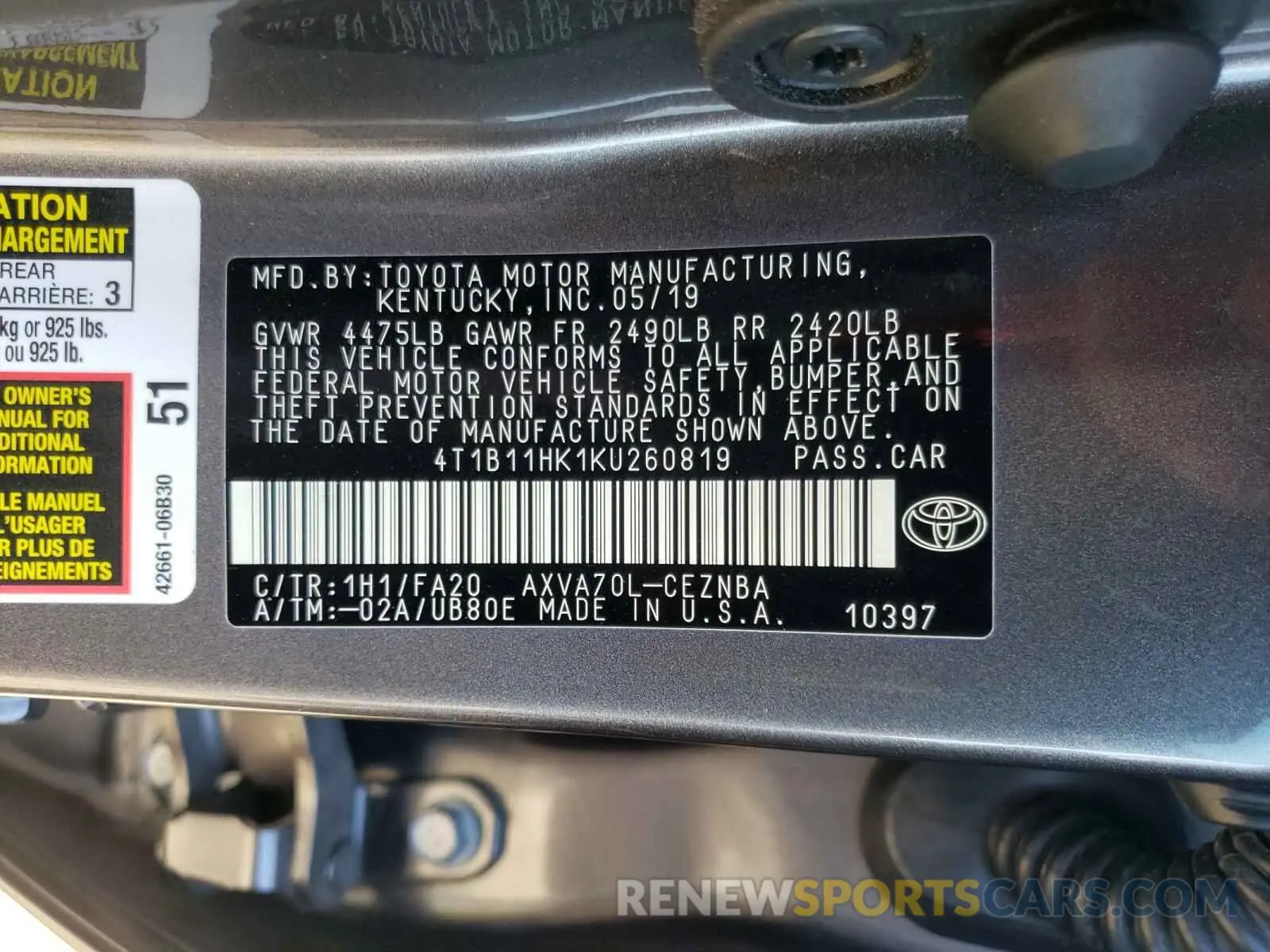 10 Photograph of a damaged car 4T1B11HK1KU260819 TOYOTA CAMRY 2019